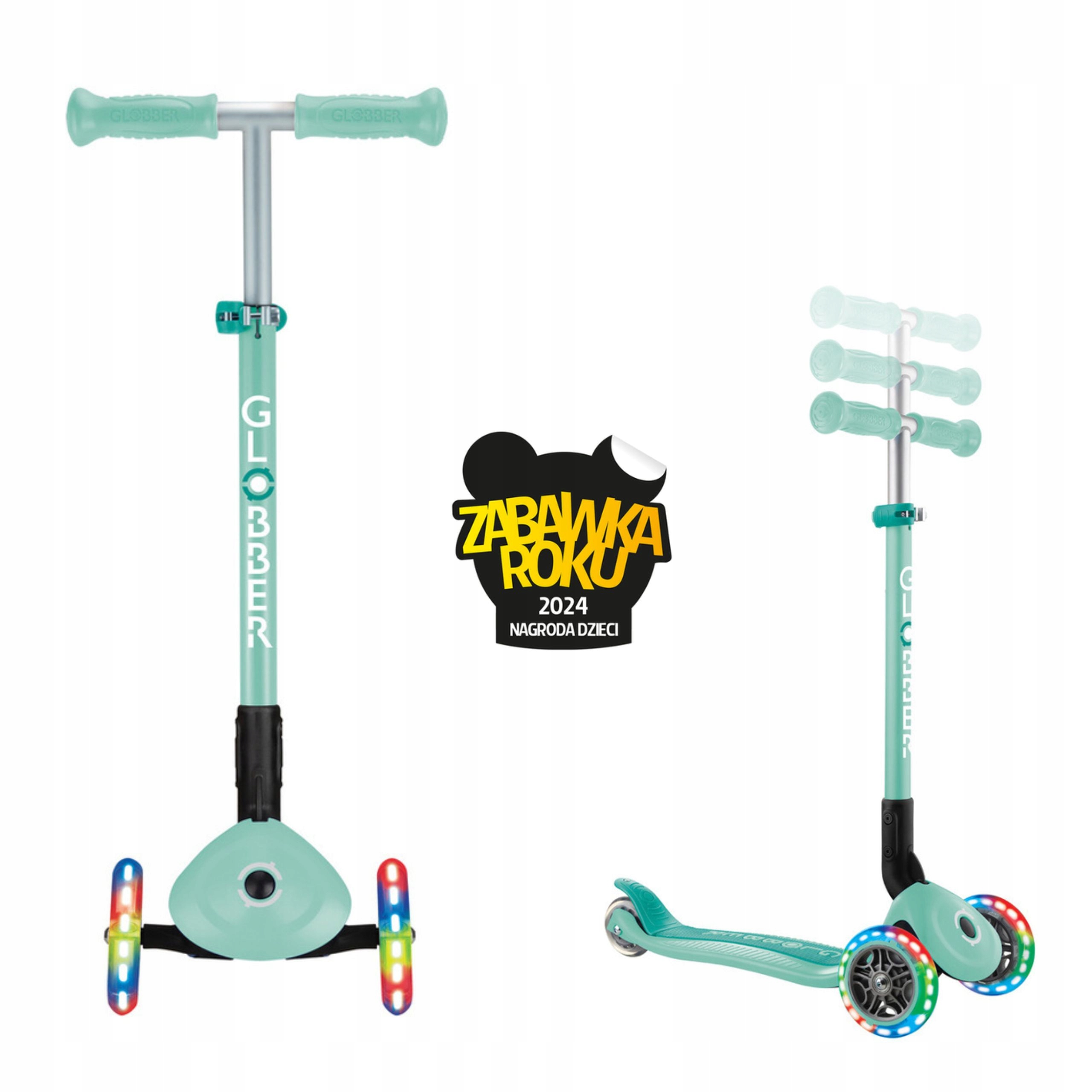 Bezpieczna hulajnoga balansowa z regulacją 3 kółka Led Globber miętowa