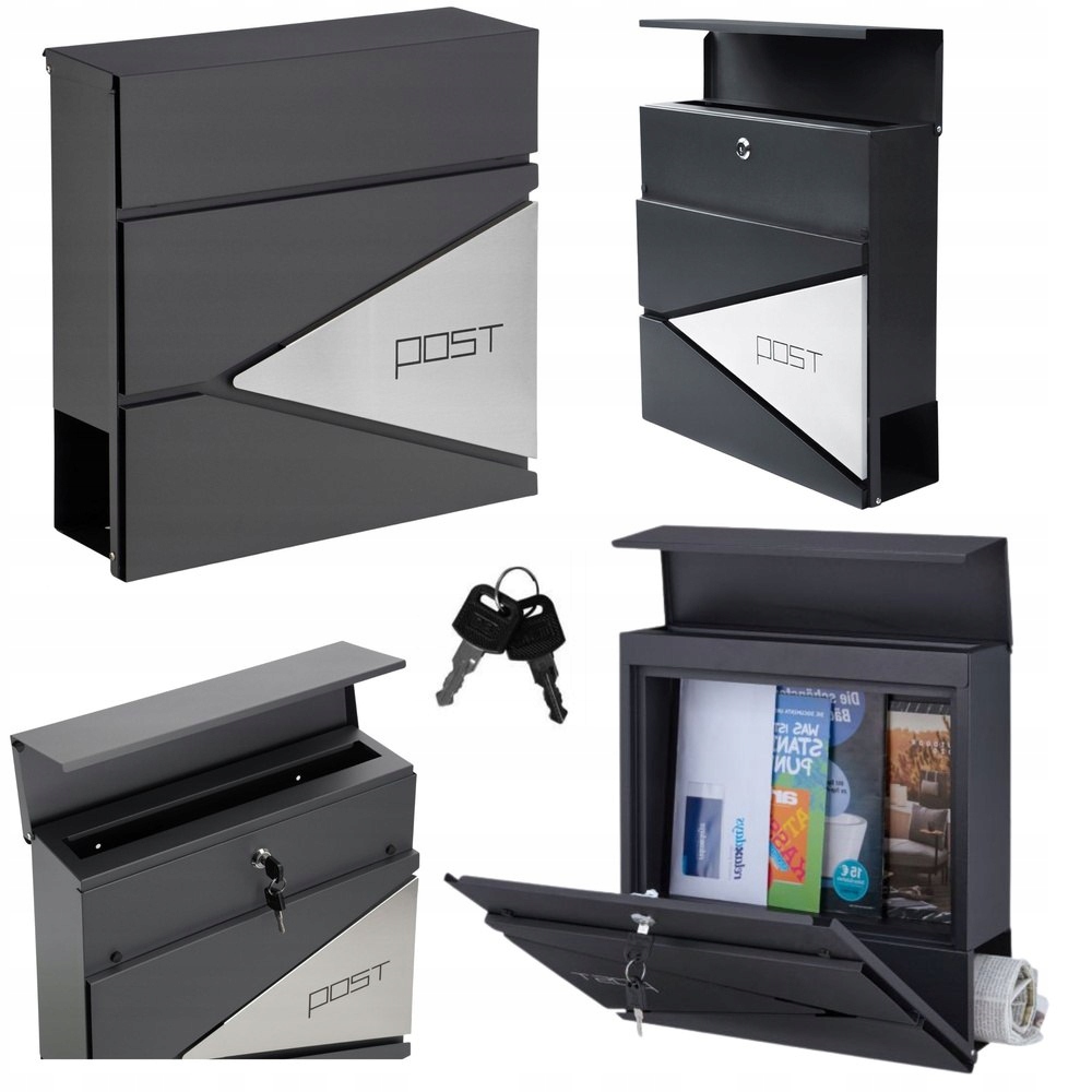 Velká poštovní schránka na dopisy, noviny, antracitová Nápis Post 37x37x10,5 cm