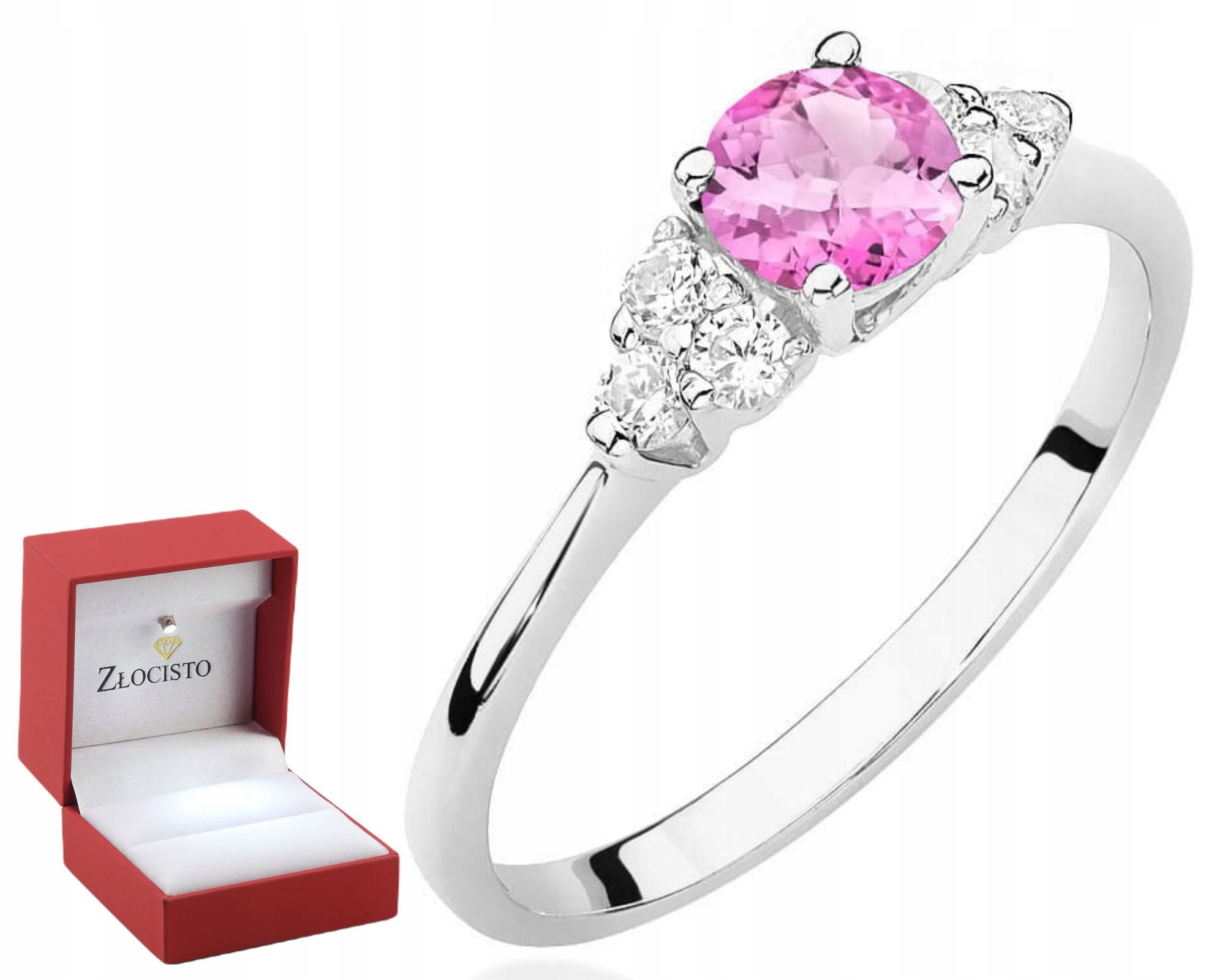 Bílé Zlato Prstýnek S Růžovým Topazem A Diamanty Gravírování 585 Dárek