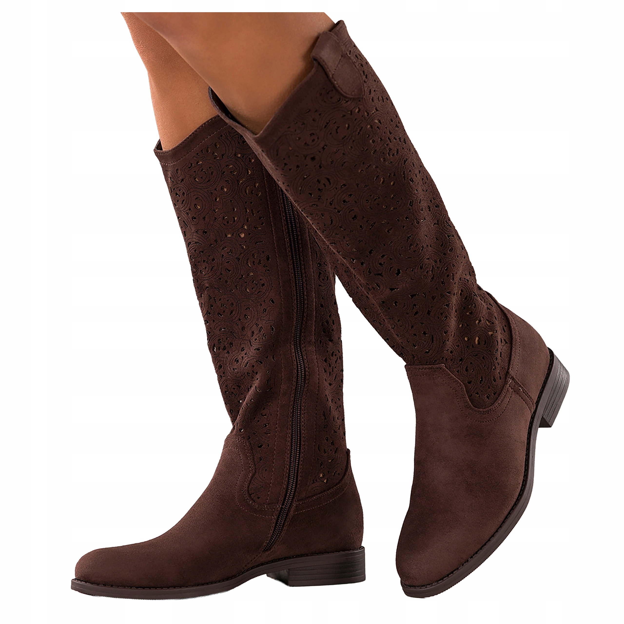 Kozačky Čokoládové Dámské Ploché Široké Ažurové Svršek Pohodlné vel 37