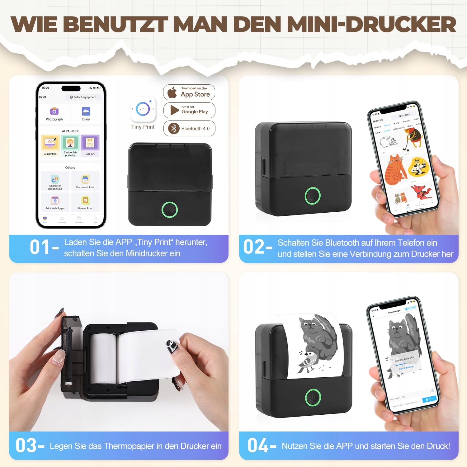 PRAOAHEI Mini Drukarka Termiczna Bluetooth Do Zdjęć i Notatek iOS Android — miniatura 4
