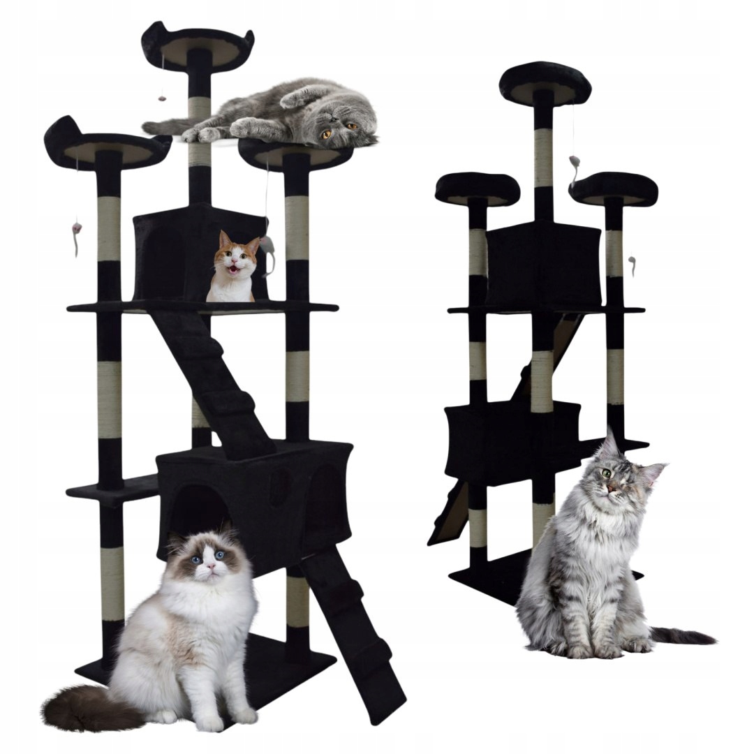 Levně Škrabadlo pro kočky černý domeček pelíšek plošiny hračky sisal stabilní