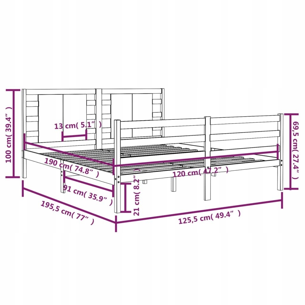 Rama łóżka, lite drewno sosnowe, 120x190 cm, podwójna Regulacja bez regulacji