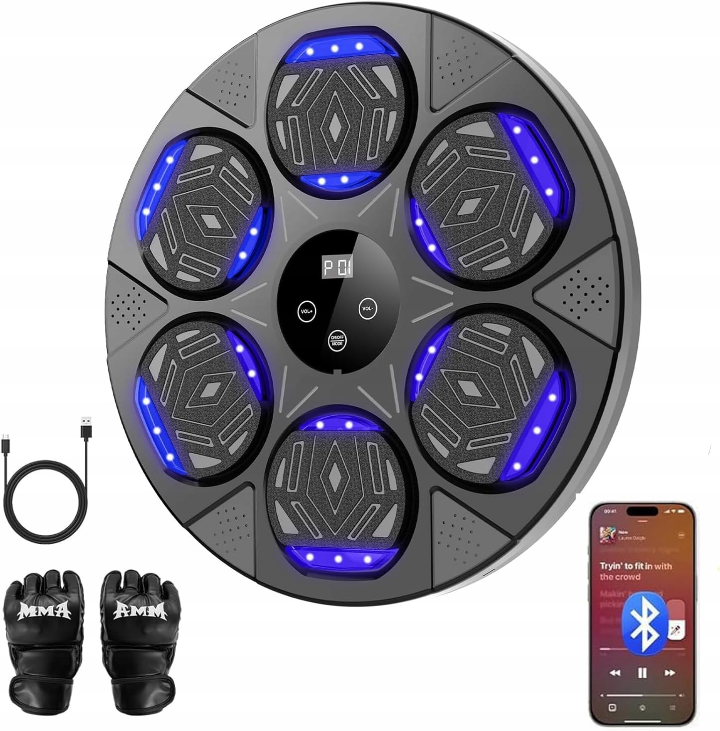 LeuKoles Maszyna bokserska Led Bluetooth trening refleksu wall boxing music
