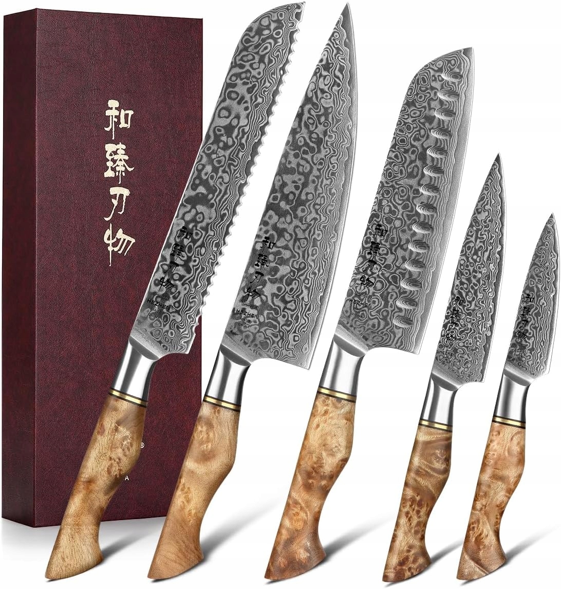 Nože Hezhen 5 kusov Santoku Damascus z 67-vrstvovej ocele