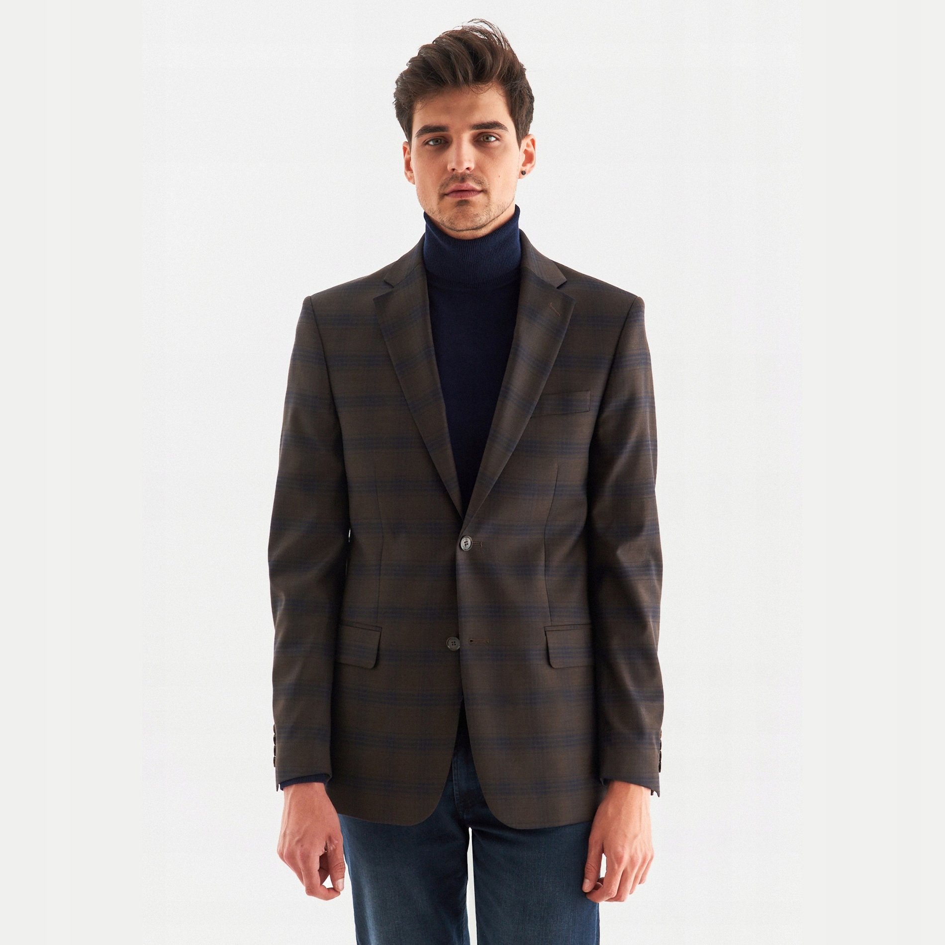 Hnědá sako kostkovaná obleková bunda 100% vlna Pako Lorente 182/54