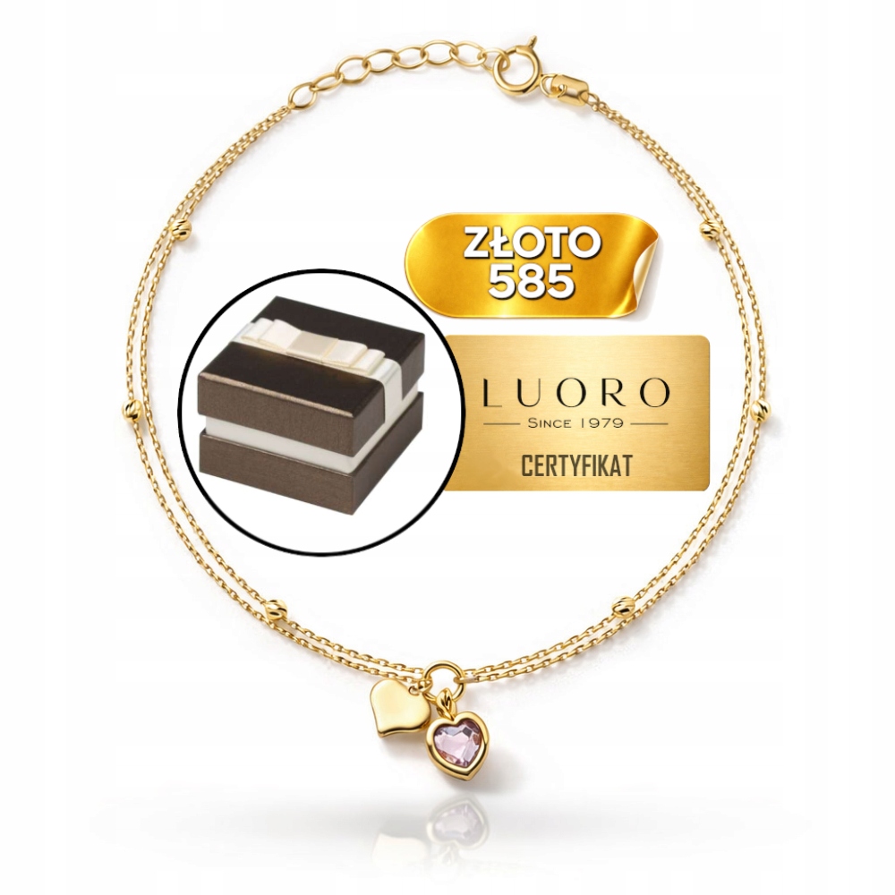 Náramek Zlatý 585 14K Srdce S Kamenem Dvojitý Řetízek 17 CM