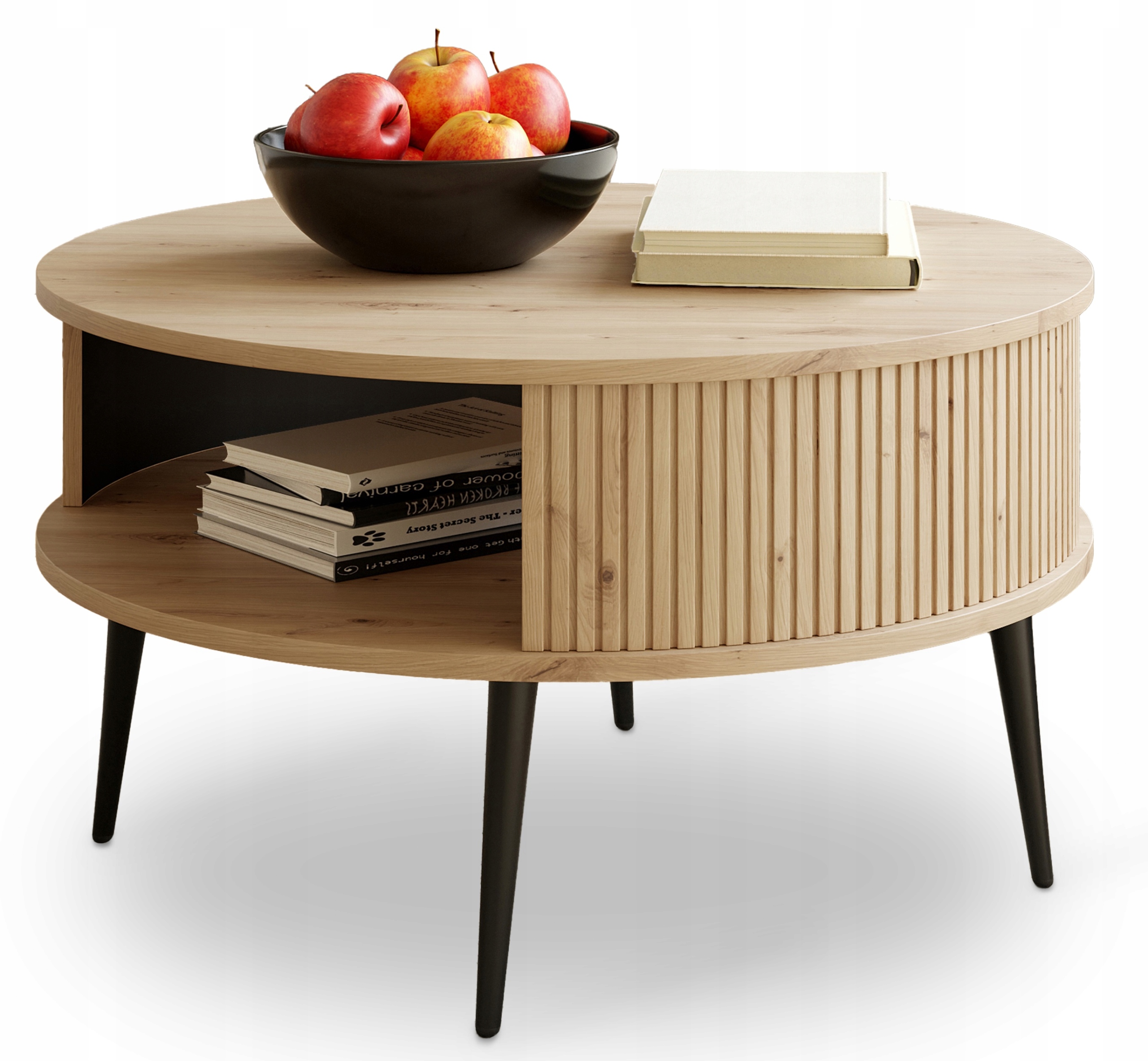 Moderní konferenční stolek Lamele Dub Artisan Ø 76 cm Verlo Černé nohy