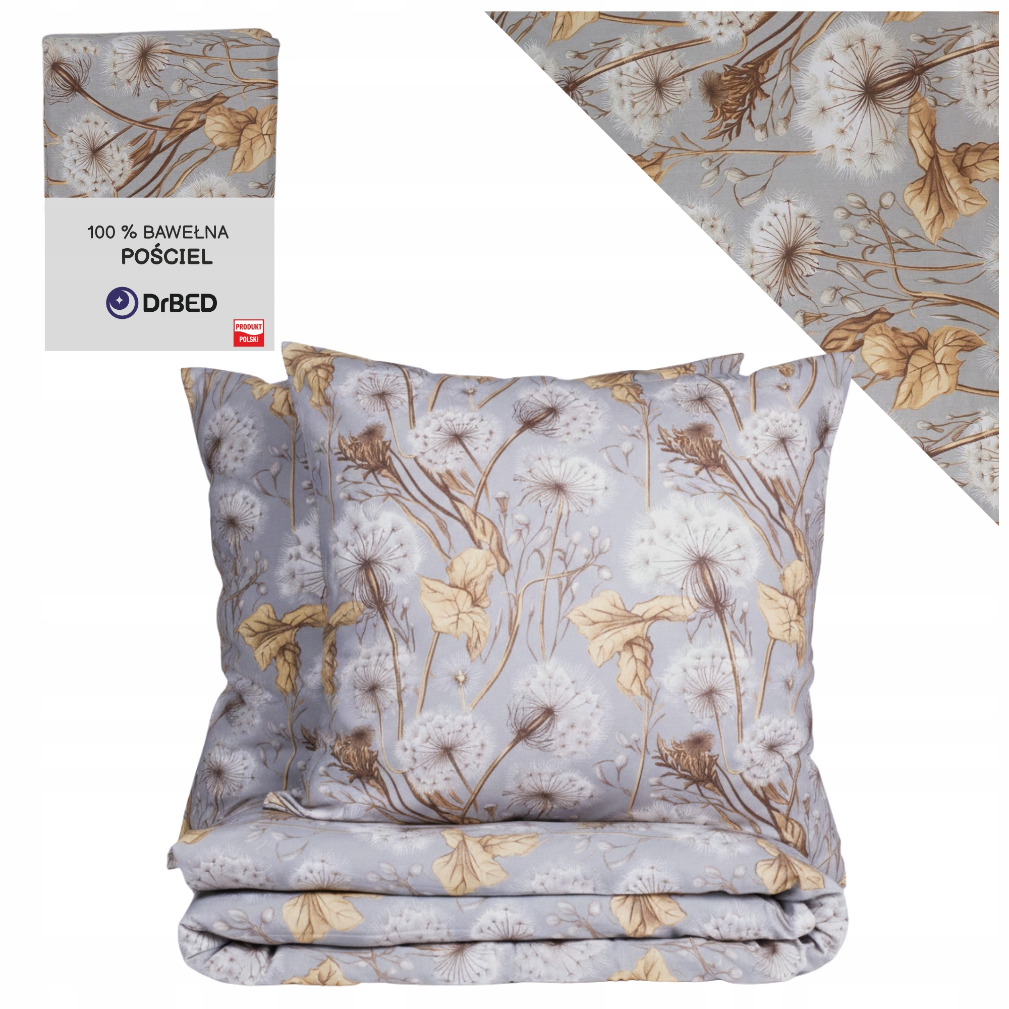 Pościel Bawełniana 180x200 na Zamek Komplet w Dmuchawce Szara Polska