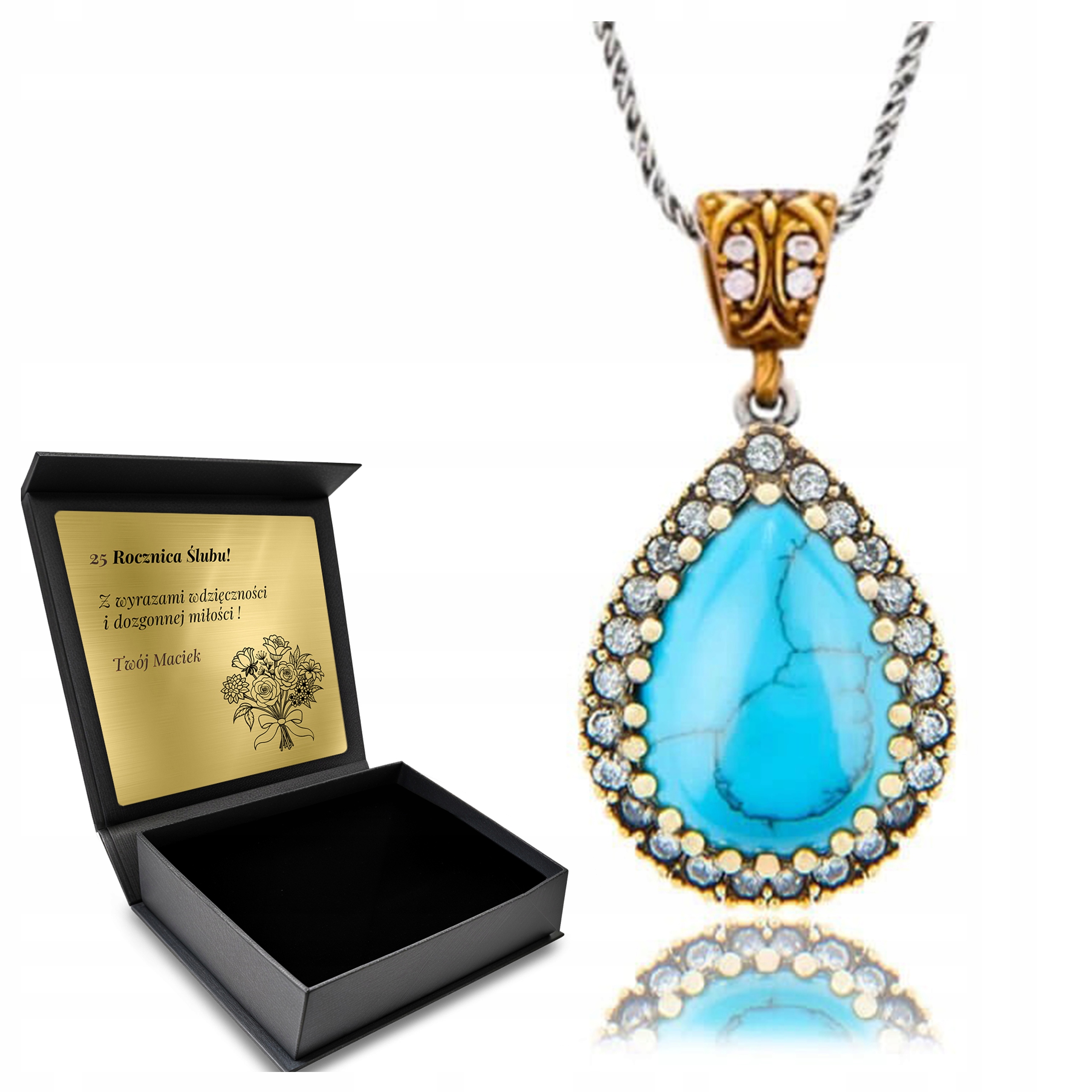 Stříbrný Náhrdelník 925 Zirkony Tyrkysový Dárek pro ženu Krásný Gravírování