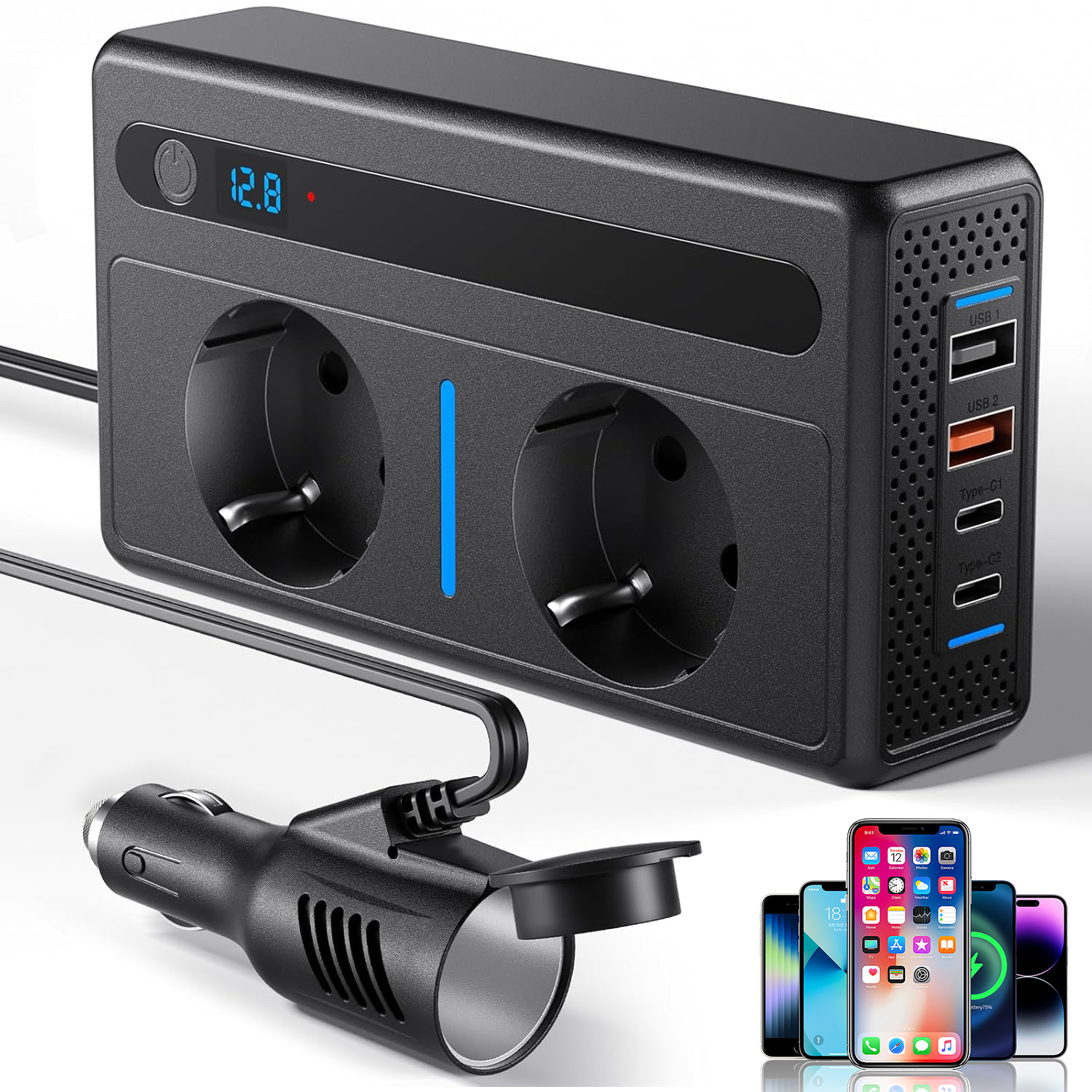 Měnič Napětí Automobilová 12V Na 230V 300W 2 Ac Zásuvky 4 Usb Led Displej