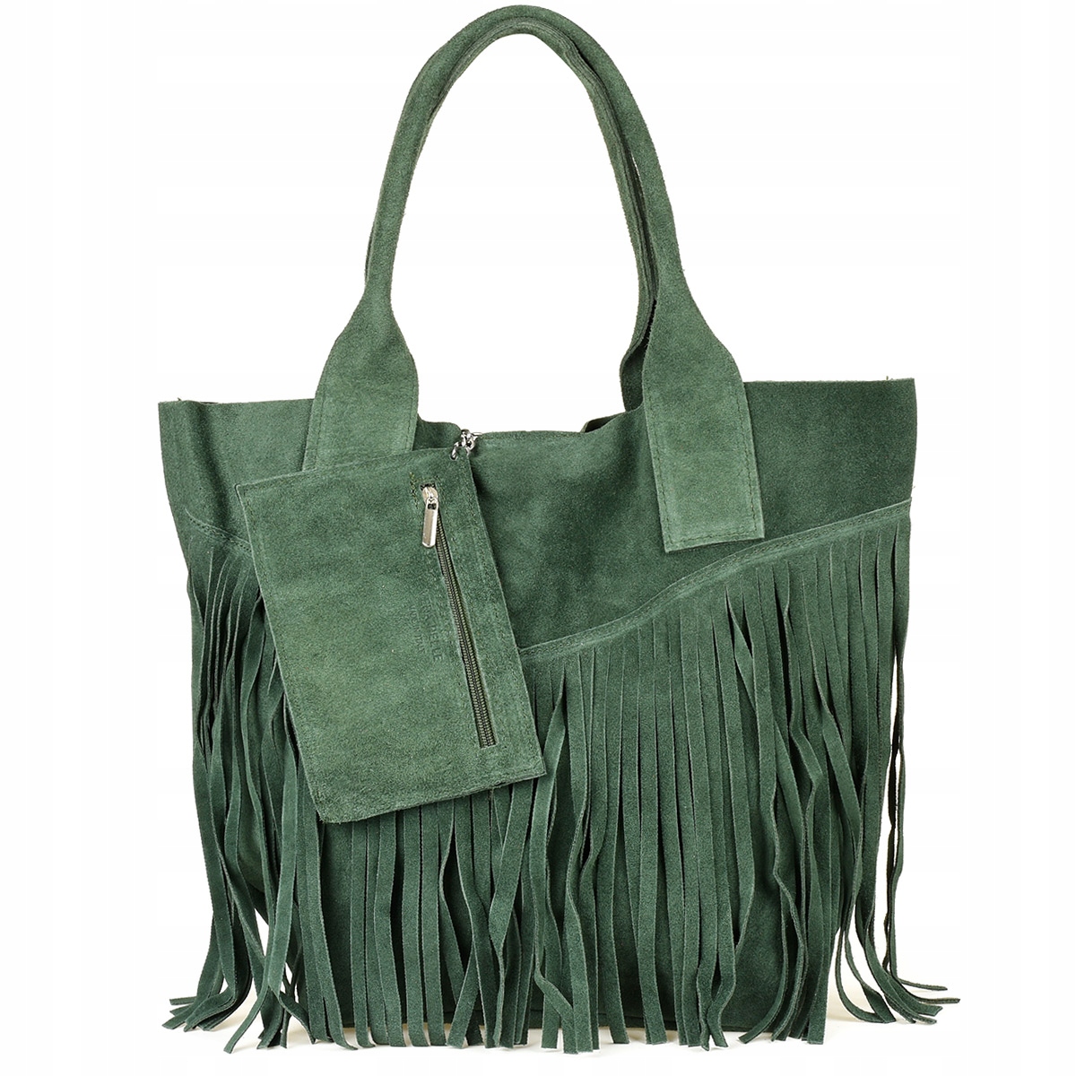 Tmavě zelená dámská kožená semišová kabelka A4 s velkým střapcem L83