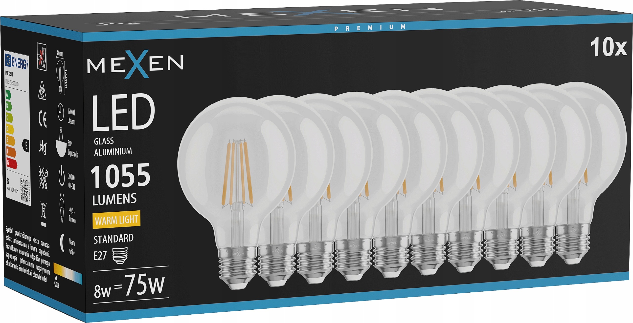 Mexen Vintis 10X Žárovka Filament Led E27 G80 8W 2700K 1055 LM Clear