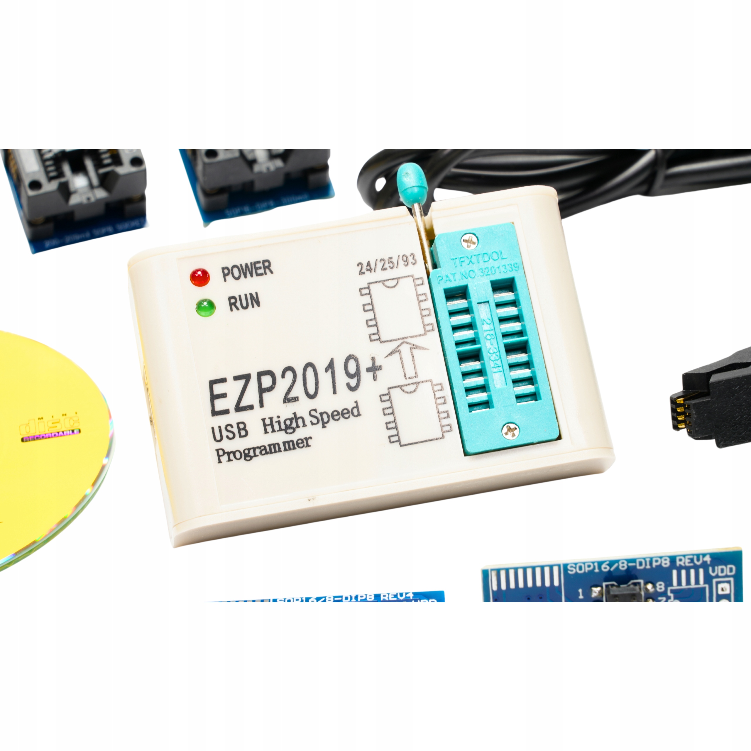 Zestaw programator EZP2019+ EEPROM FLASH BIOS z klipsem + 6 adapterów + USB Kod producenta EZP2019+ BIOS FLASH EEPROM z akcesoriami