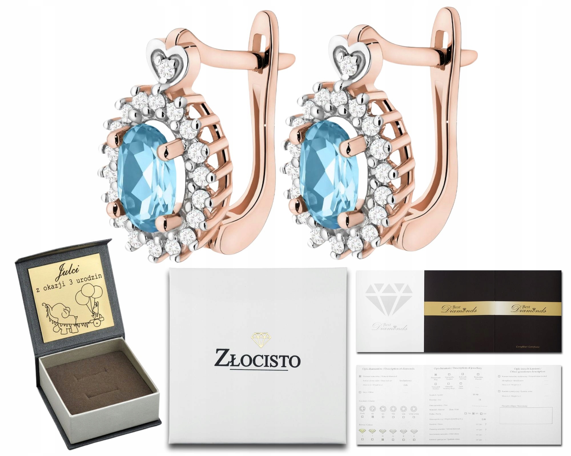 Růžové Zlato Náušnice S Topazem A Brilianty Zlato 585 14K Dárek Gravírování