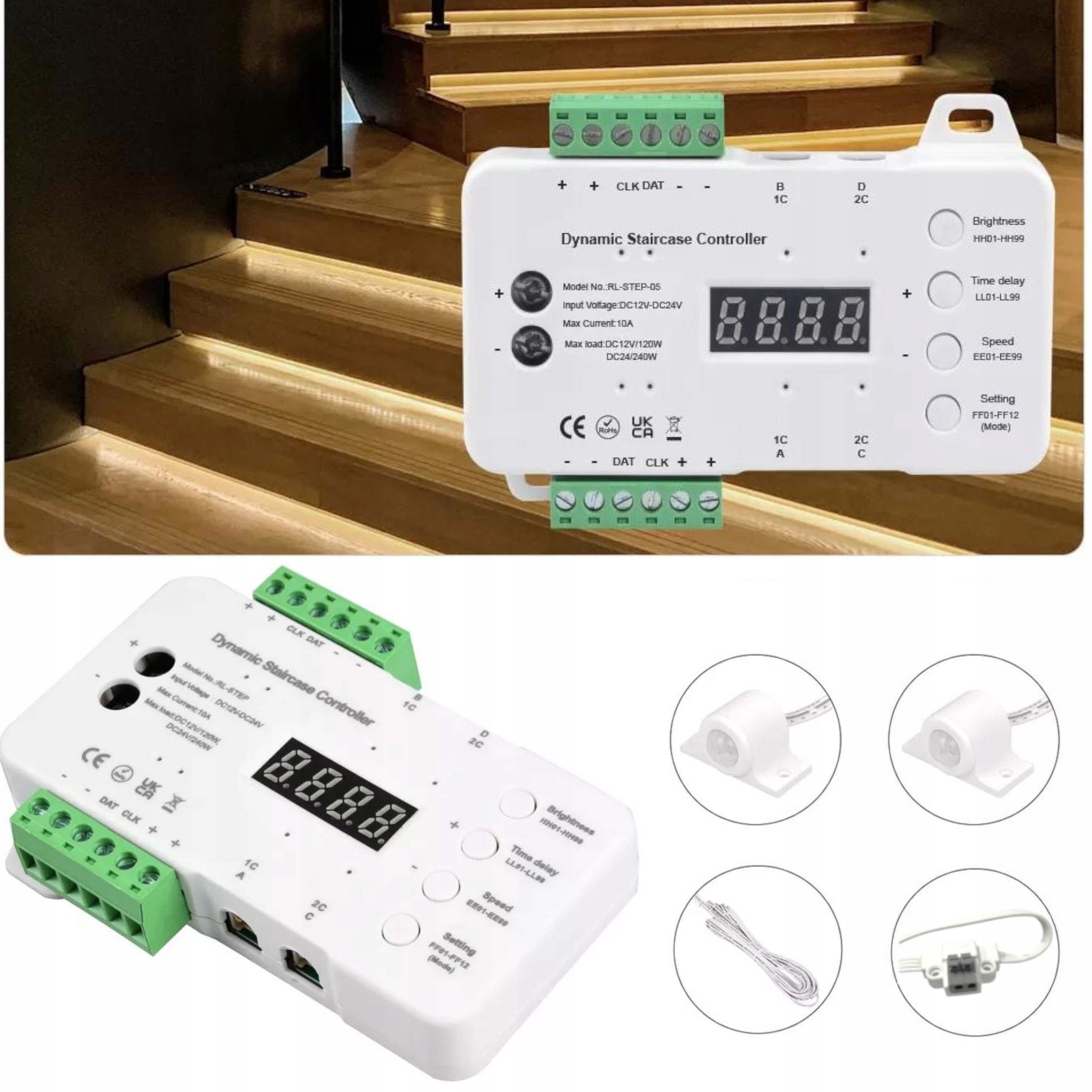 Kaskádový Led Schodový Ovládač 16 Schodový Digitálny 12-24V 2x Pir Senzor