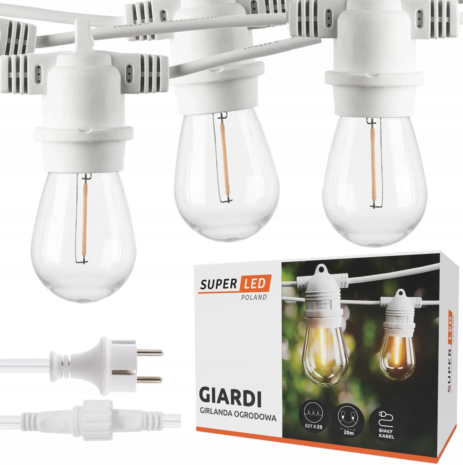 Girlanda ogrodowa Biała zewnętrzna łańcuch 20m 20x żarówka Led E27 Ślub