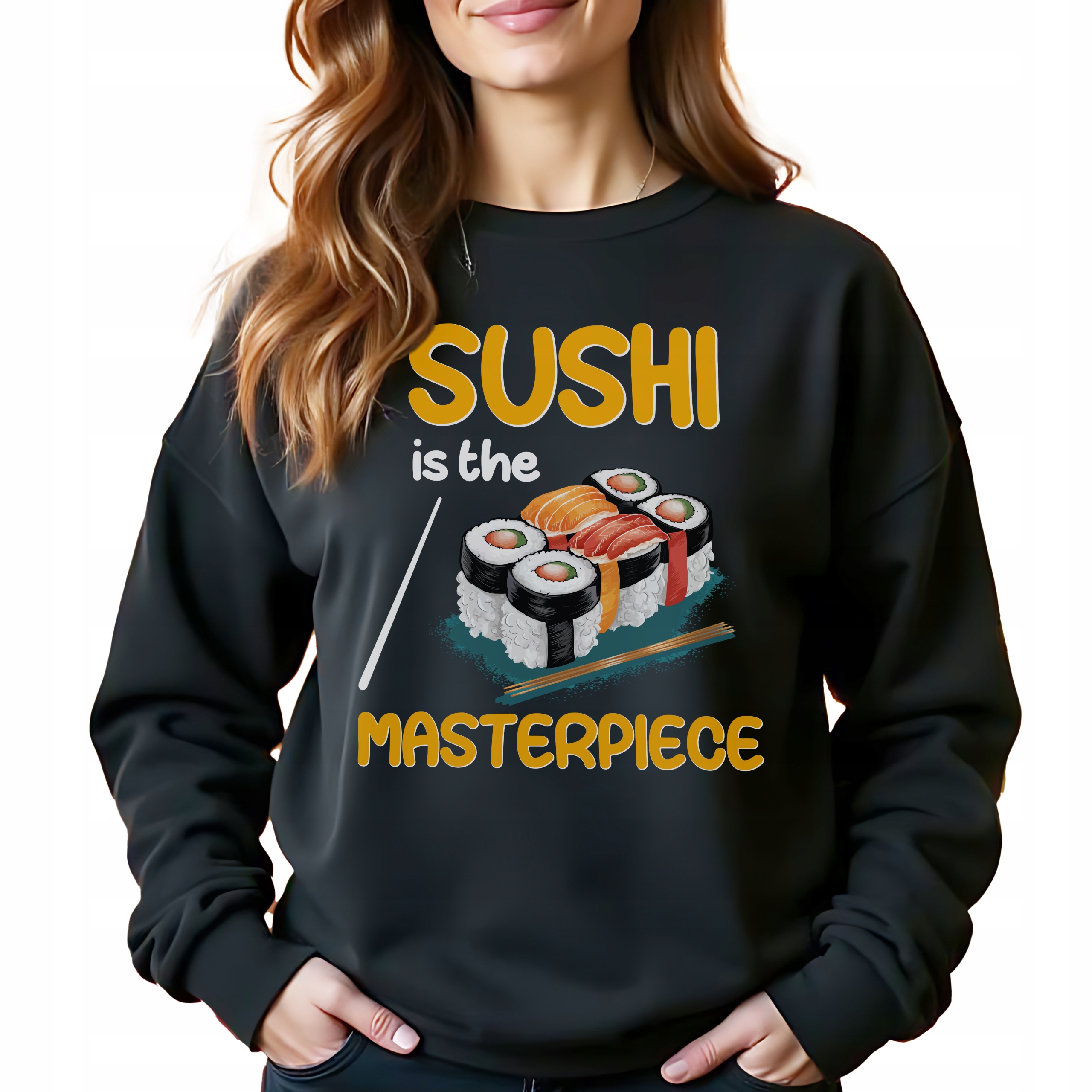 Černá bavlněná Mikina Sushi Is The Mistrovské Dílo Stylový Dárek Velikost XL