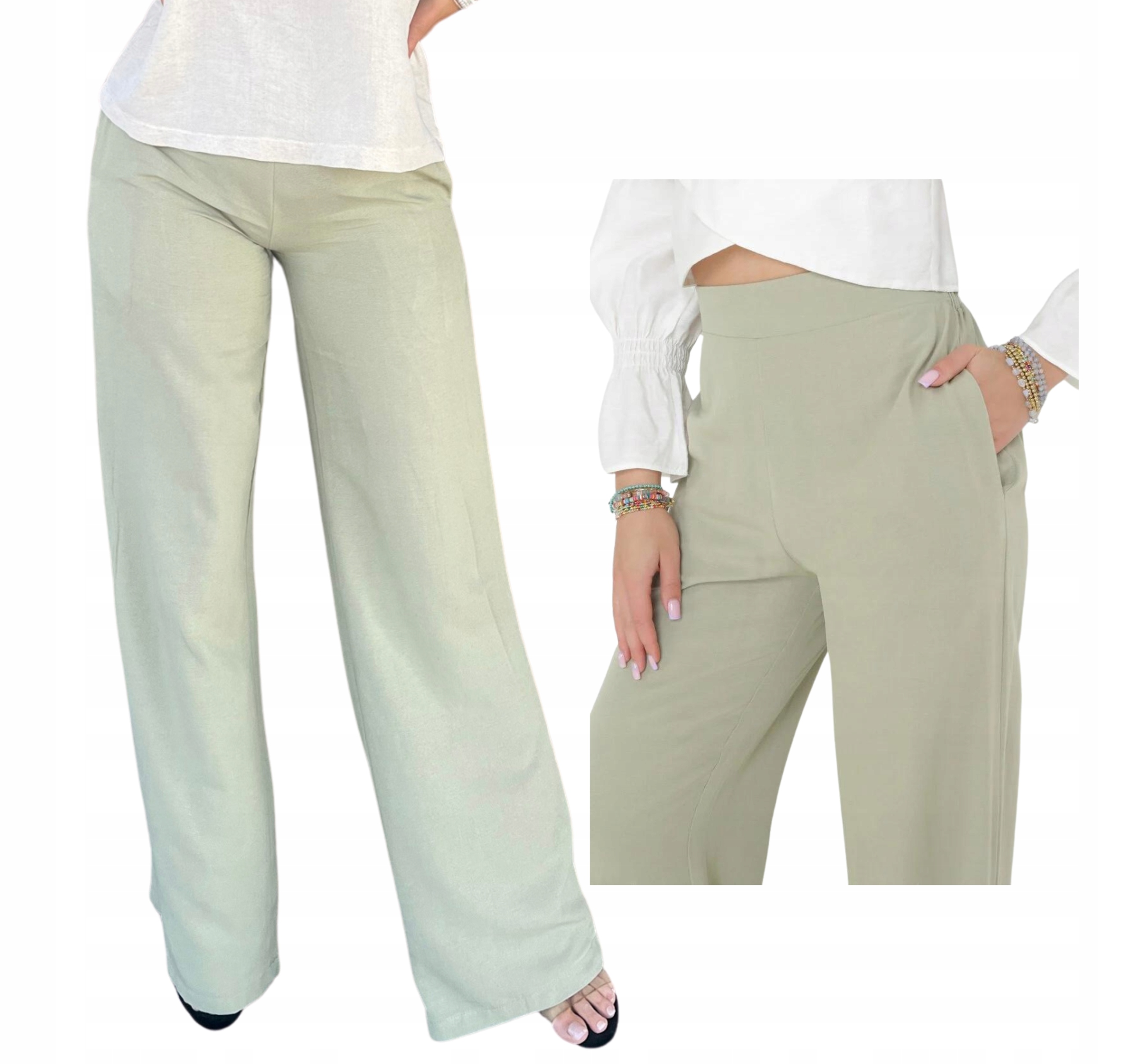 Letní kalhoty elegantní široké pohodlné Lněné široké nohavice khaki L