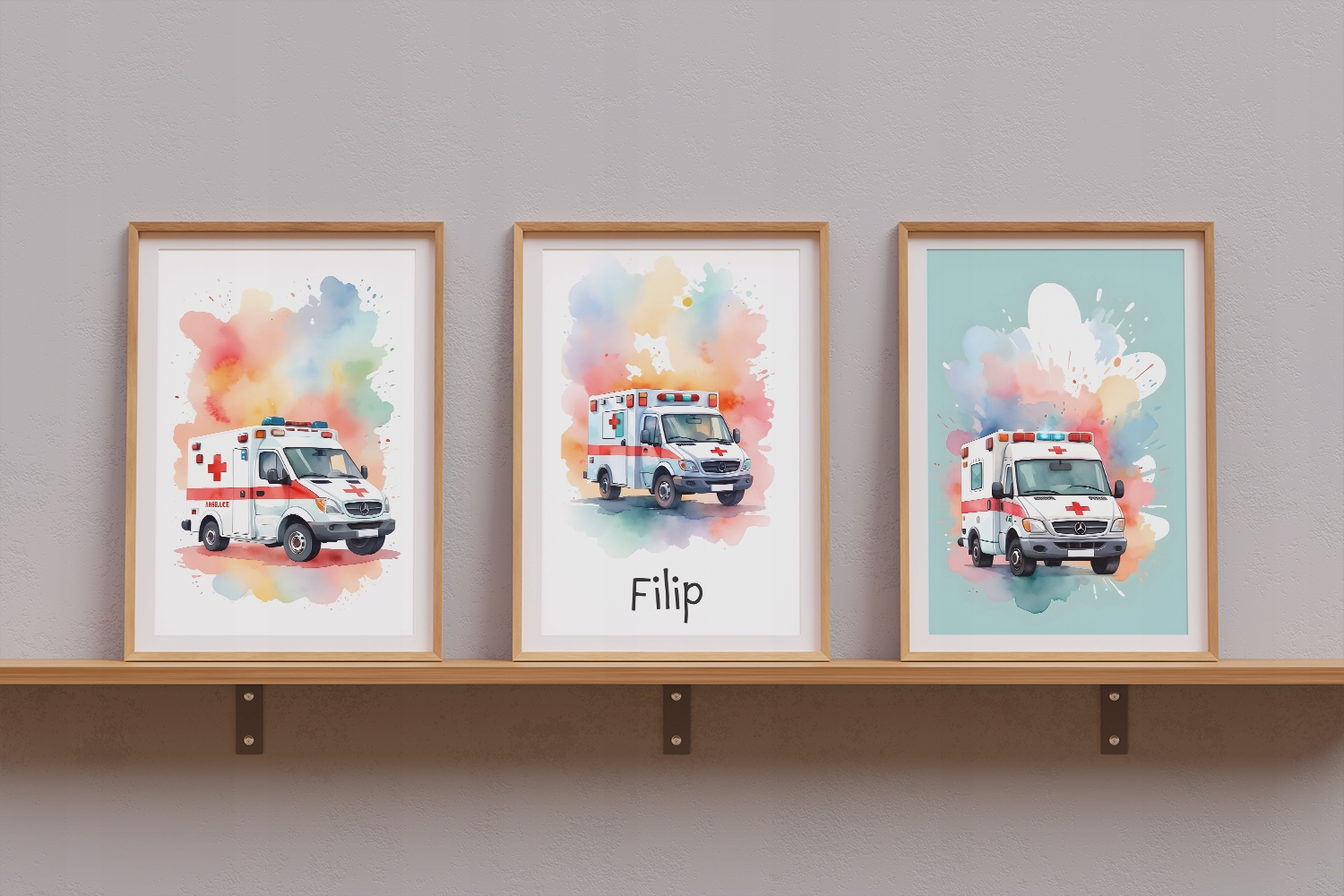 3 OBRAZKI DO POKOJU DZIECIĘCEGO A3 PLAKATY KARETKA POGOTOWIE IMIE PREZENT Stan opakowania oryginalne