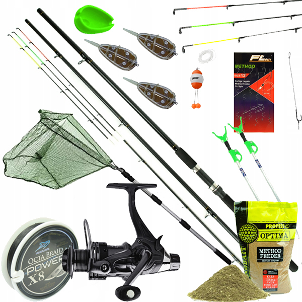 Bogaty zestaw Feeder Method wędka Kołowrotek, plecionka, podbierak, Zanęta