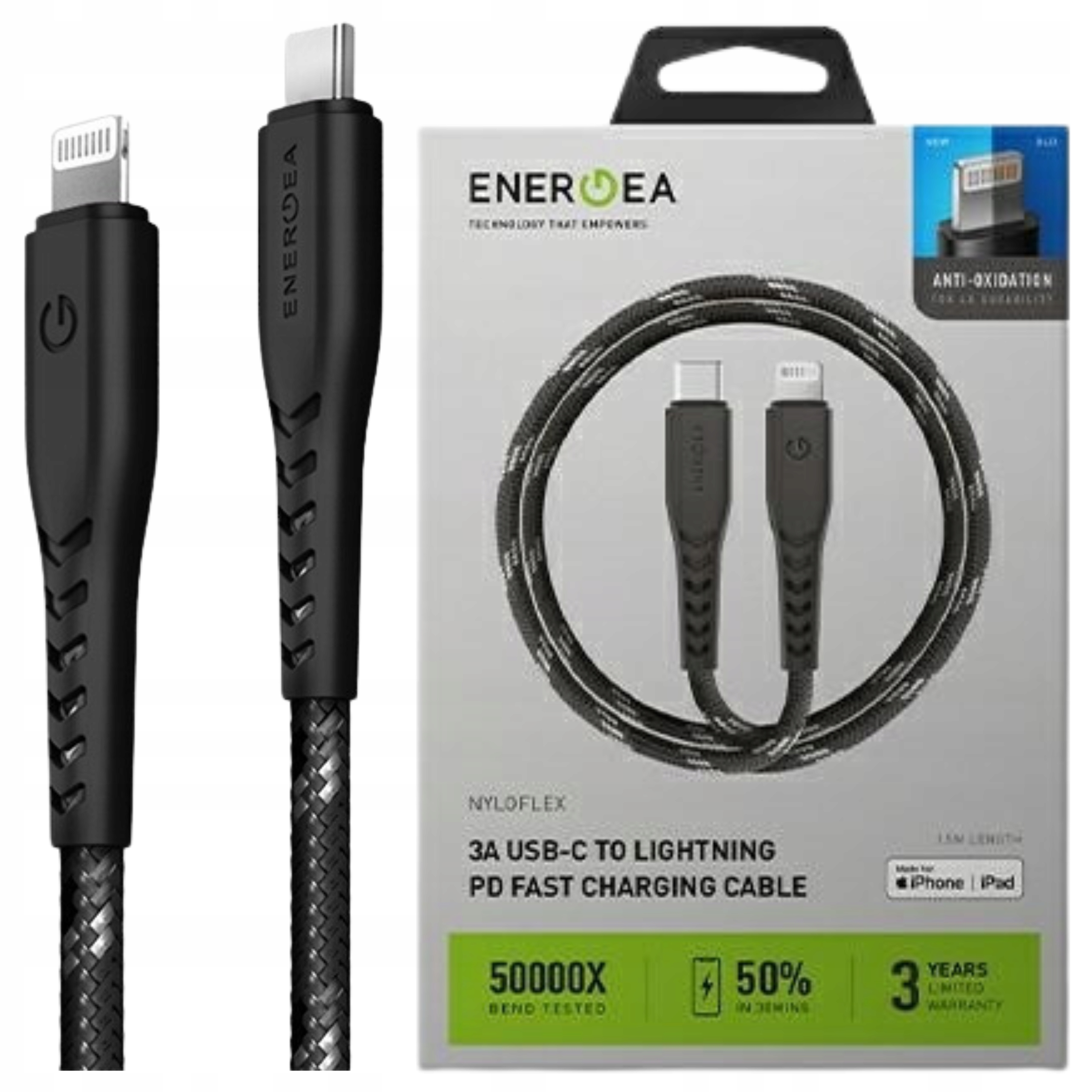 Energea kabel Nyloflex Usb-c LightningC94 Mfi 1.5 m černý/černý