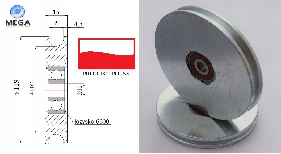 KÓŁKO ROLKA ROLKI NA LINĘ LINKĘ STALOWĄ 119/6Ł/10 Marka MEGA sc