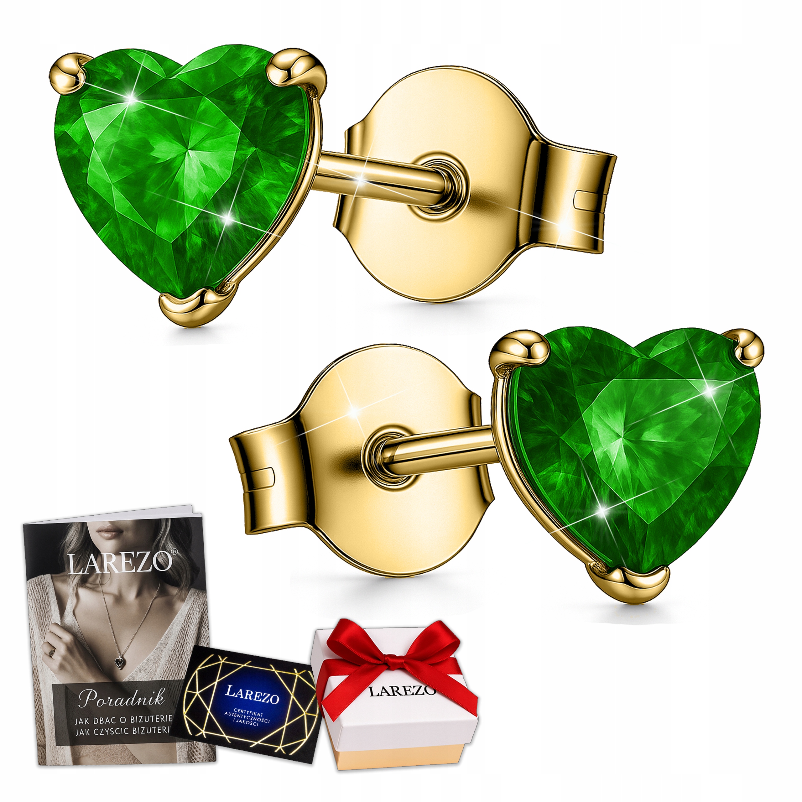 Złote Kolczyki Zielone Kryształowe Serca Zielona Cyrkonia Srebro 925