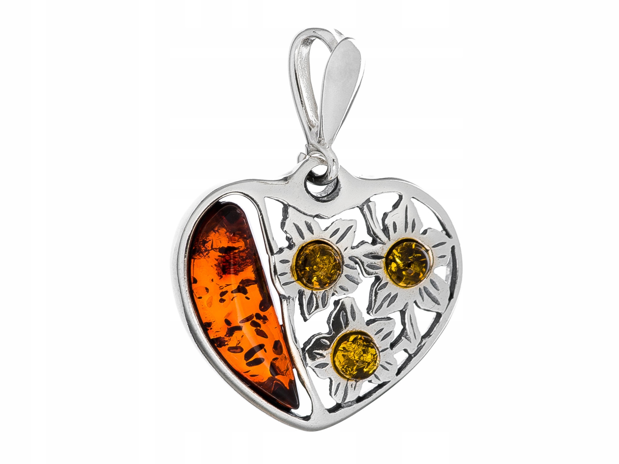 Stříbrný Přívěsek Srdce s jantarem Oxidovaný přívěsek Srdíčko Květiny