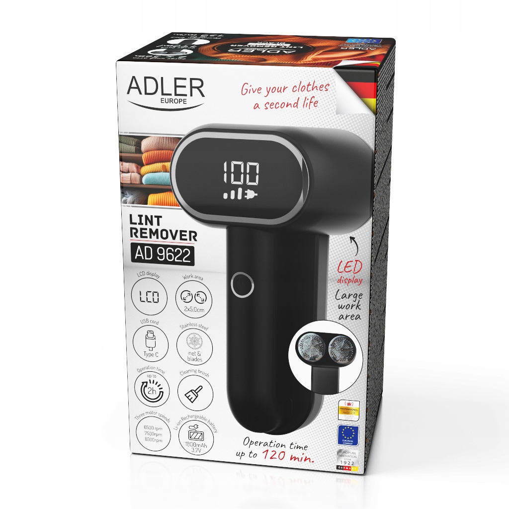 Adler | Lint remover | AD 9622 | Black | Rechargeable battery | 10 W Kolor dominujący czarny