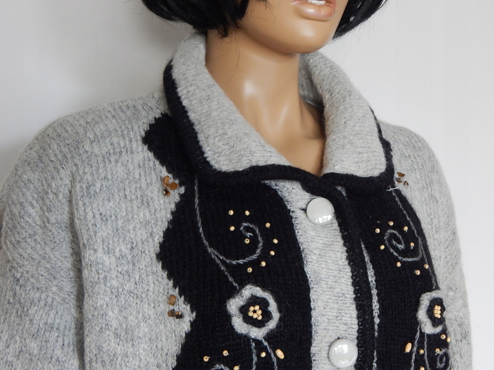 CLASSICS duży moherowy kardigan kurtka haft 50-56 Dekolt kołnierzyk