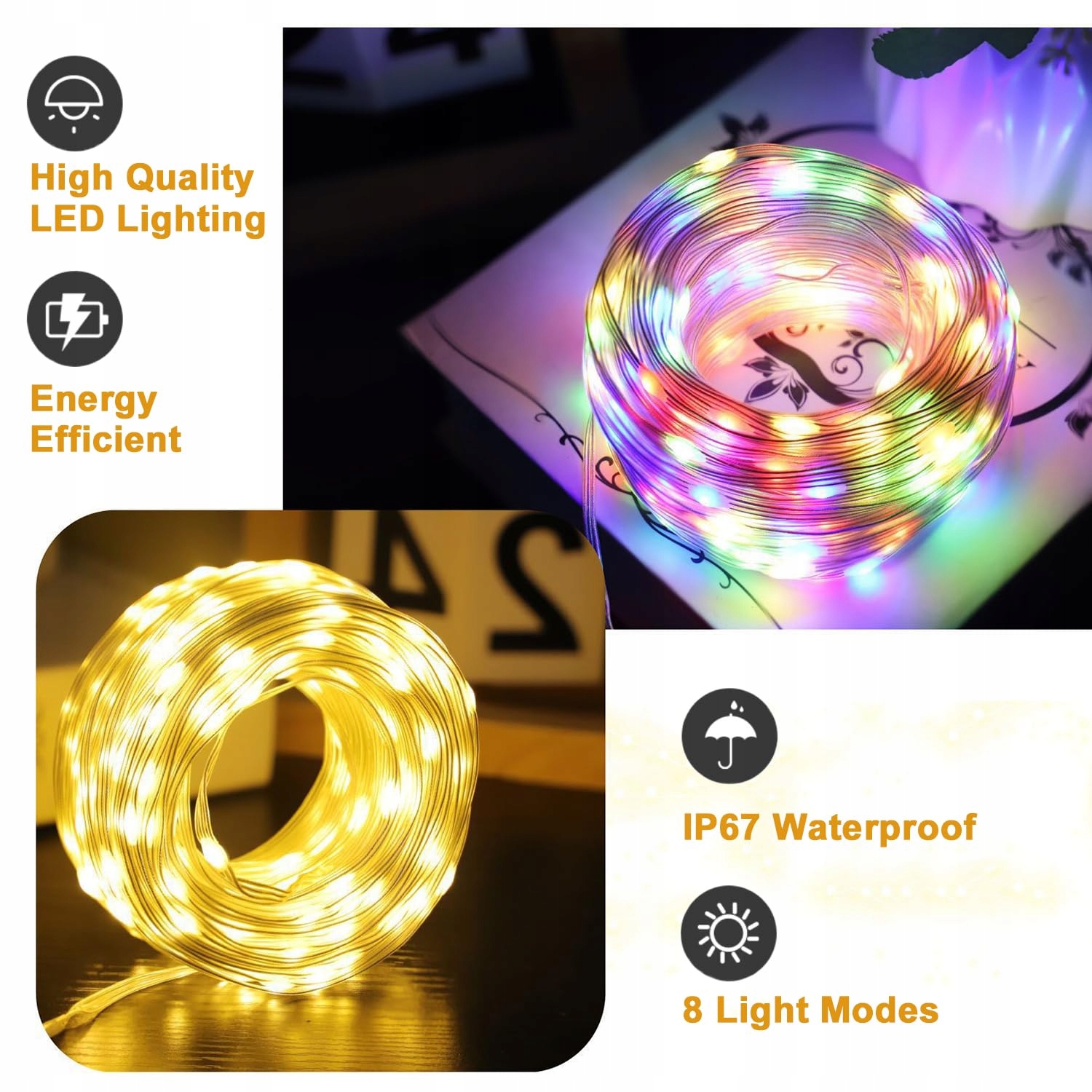MOLVCE Lampki LED 10M 100 LED Wodoodporne Na Zewnątrz i Wewnątrz Timer — miniatura 2