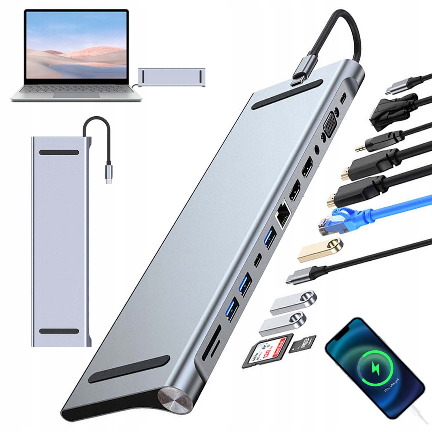 Dokovací Stanice Hub Adaptér Hdmi 4K Vga Usb Type-c Sd Tf Pro Notebook Macbook
