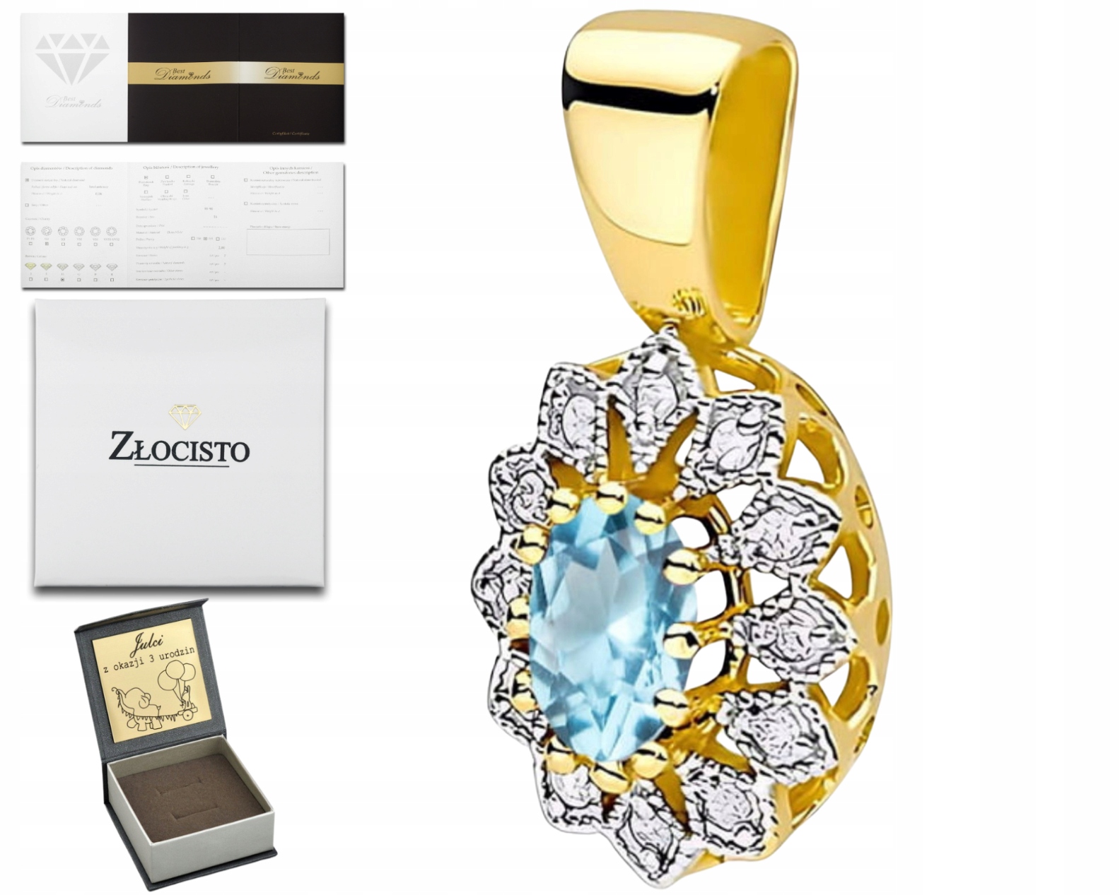 Zlatý Přívěsek S Modrým Topazem A Diamanty, Gravírování Do Dárek 585