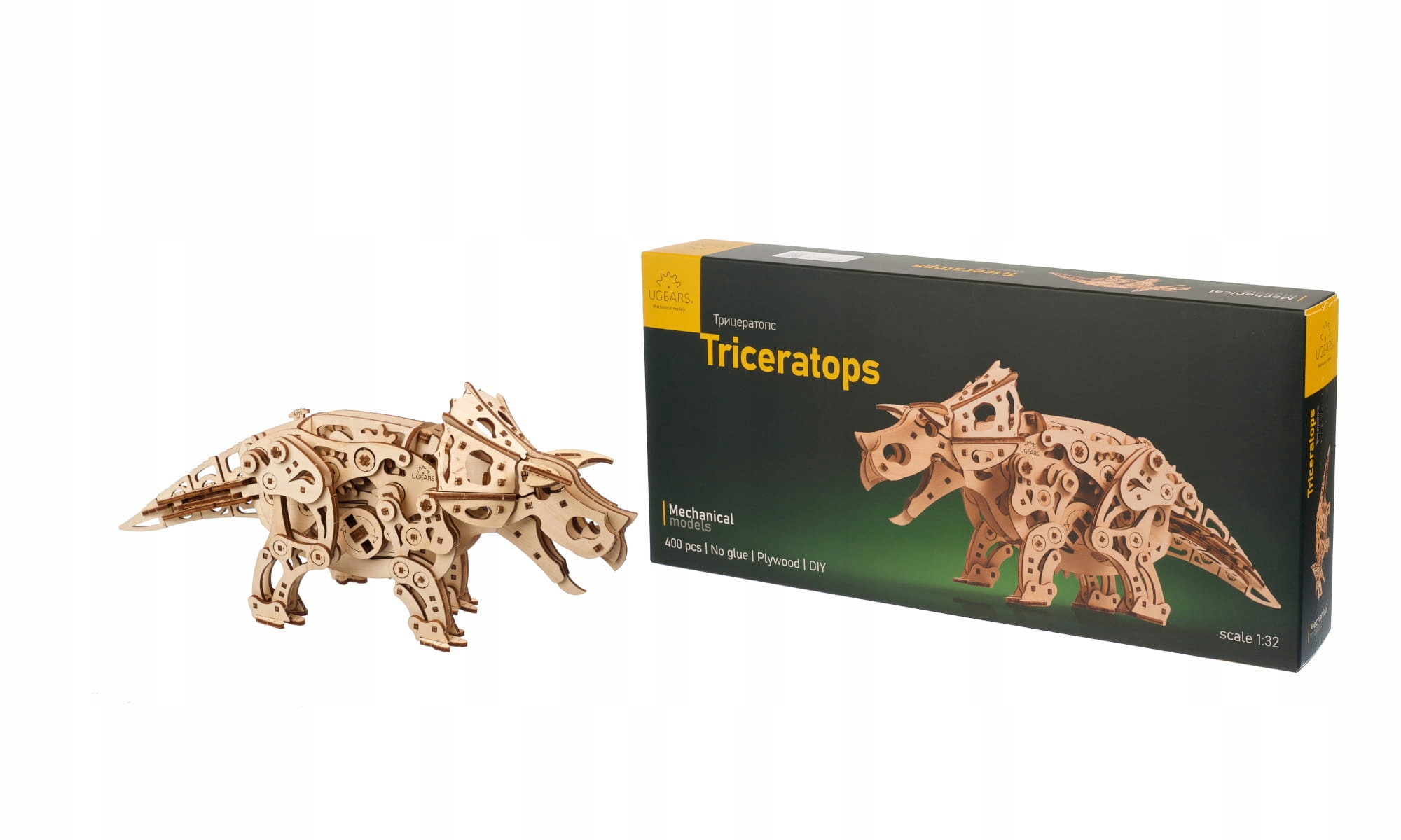 Dinozaur Triceratops Ugears drewniany model 3d gratis próbka kawy 50g Głębokość produktu 11 cm