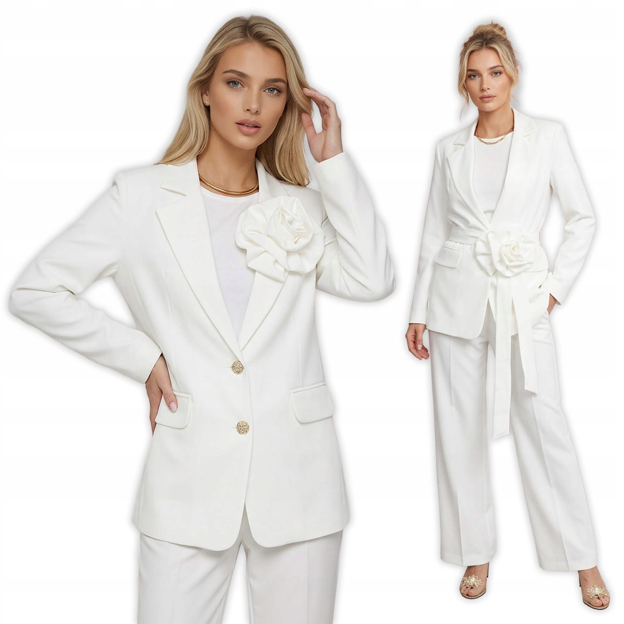 Elegantní sako s páskem a ozdobnou růží Ecru 38