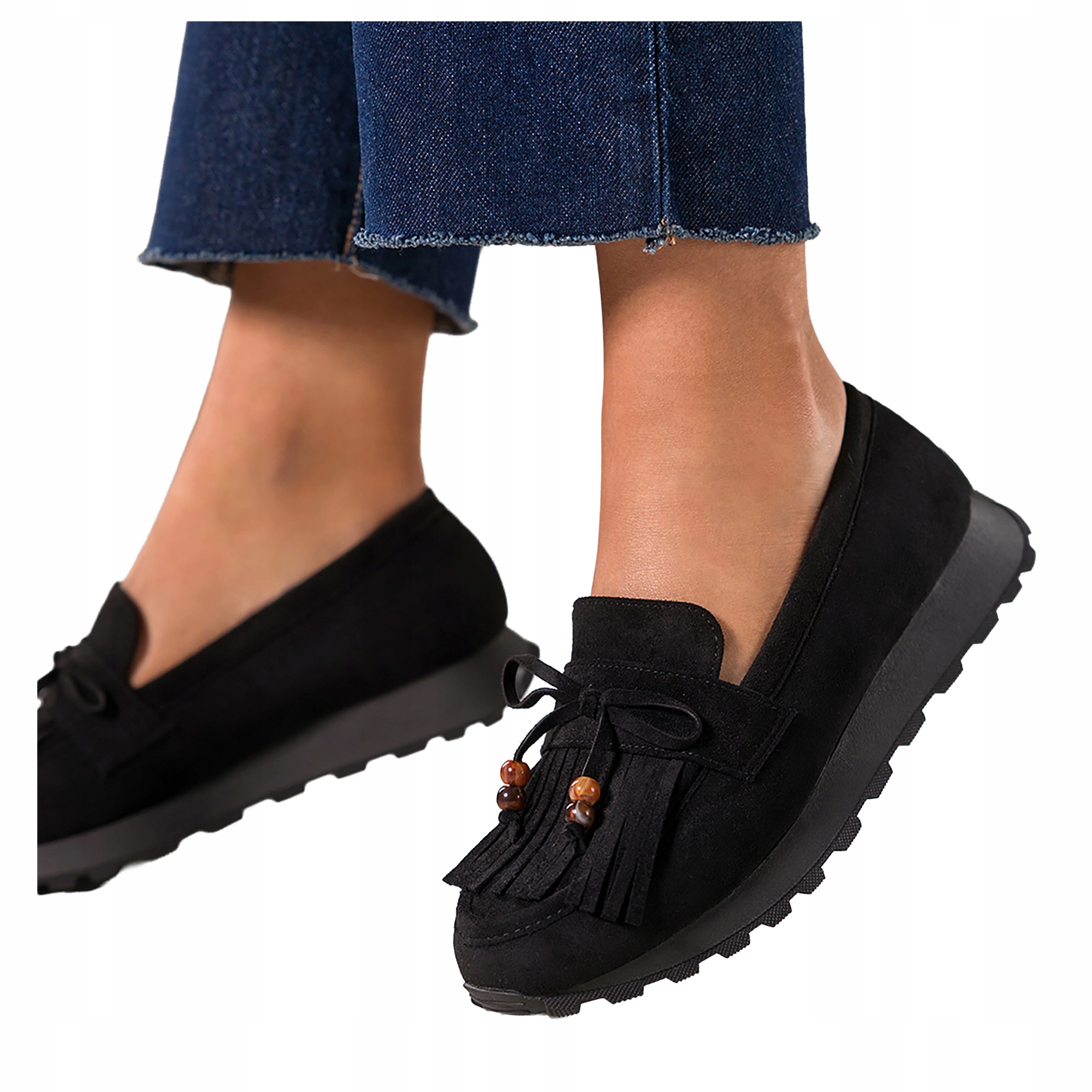 Černé dámské Mokasíny Ozdobné třásně Mašle Korálky Na Platformě vel 37