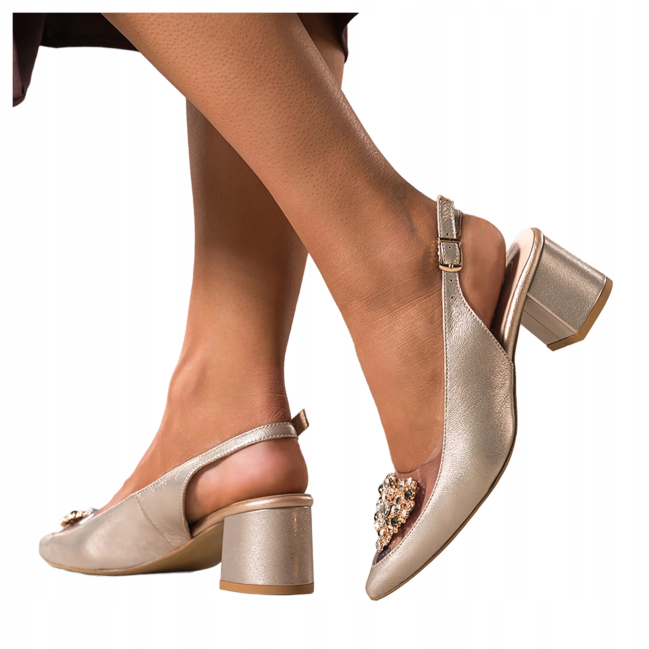 Zlaté Lodičky Dámské Módní Odhalená Pata S Ozdobou Kožené Polské vel. 38