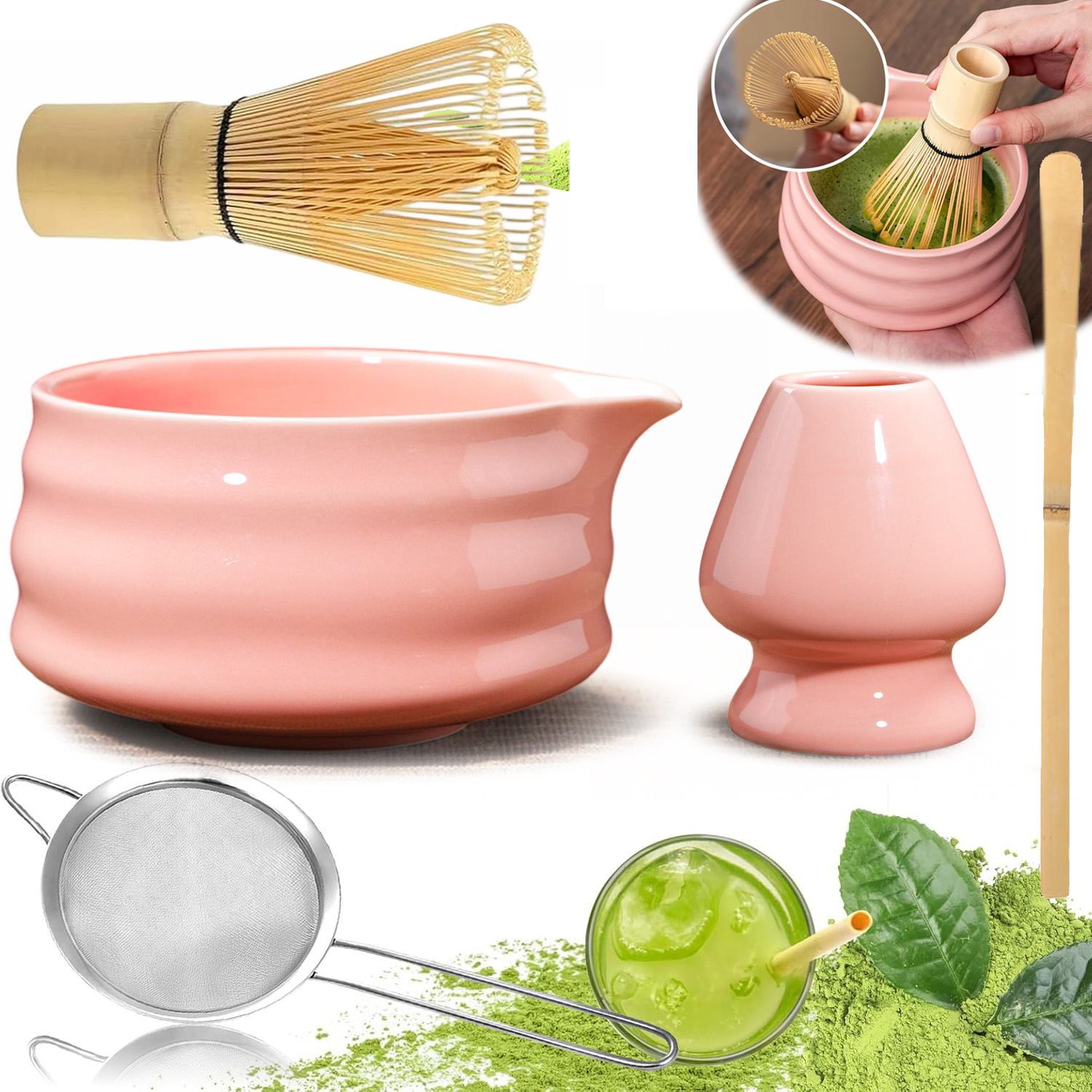Levně Bambusový Dárková Sada Čaje Matchy Chashaku Šlehací Metla Lžíce Růžová