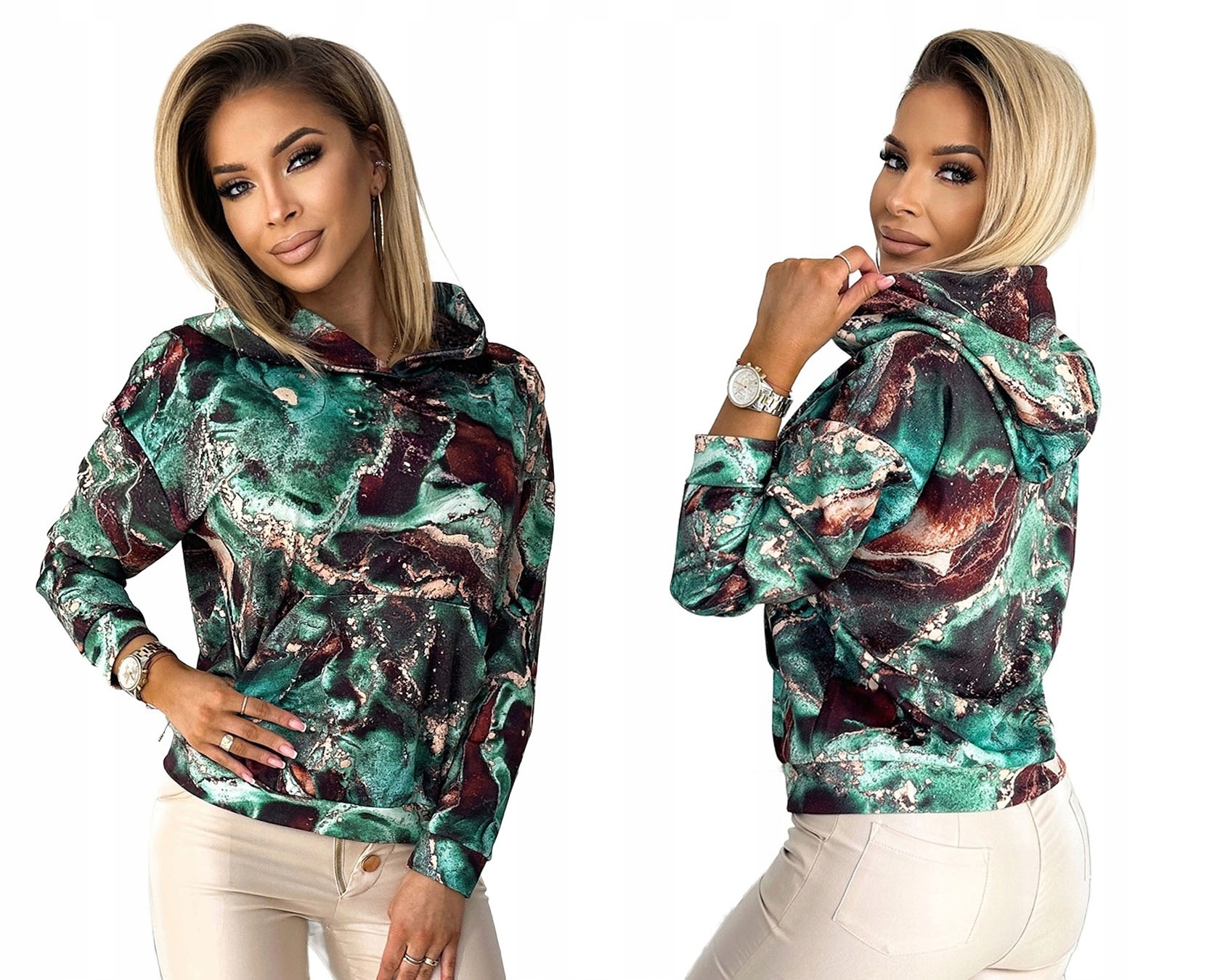 Barevná Dámská Mikina Klokanka S Kapucí Pohodlná Mramorová Tyrkysová S