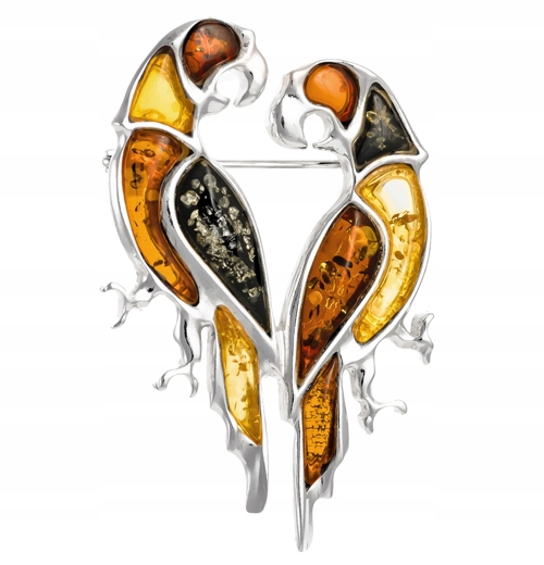 Stříbrný Papoušek Papouška brož z přírodního Jantaru Baltský stříbro Ag 925