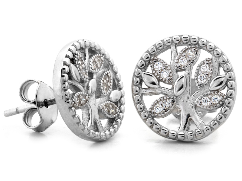 Stříbrné náušnice 925 kulaté se stromkem zdobeným zirkony na tyči
