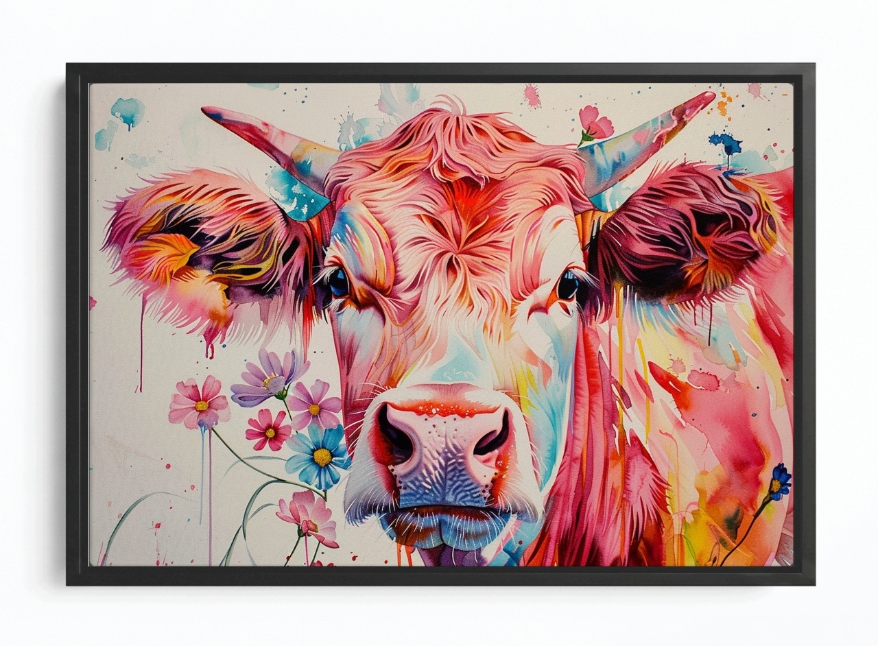 Obraz Rám American Box Portrét Kráva Růžová Barvy Květiny Boho 120x80