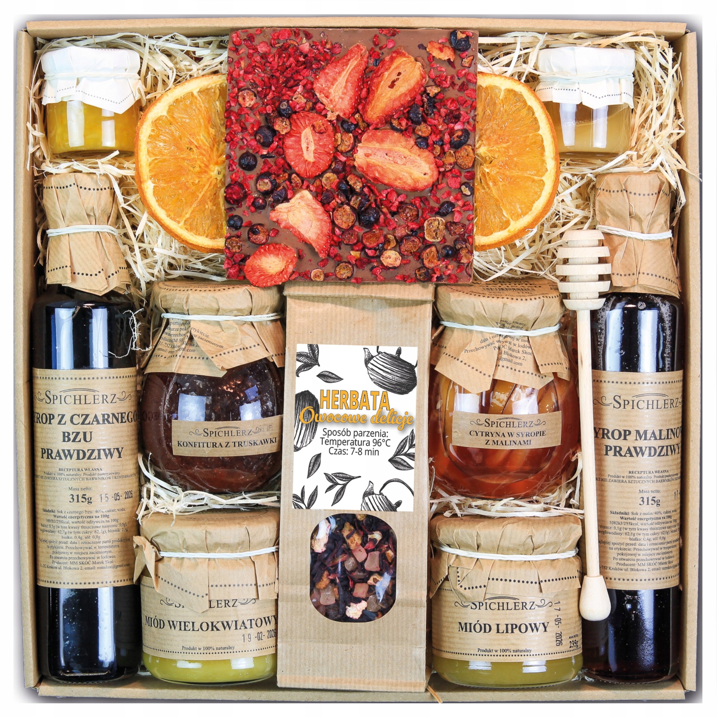 Kosz Zestaw Prezentowy Box Miód Herbata Konfitura Czekolada Kraft