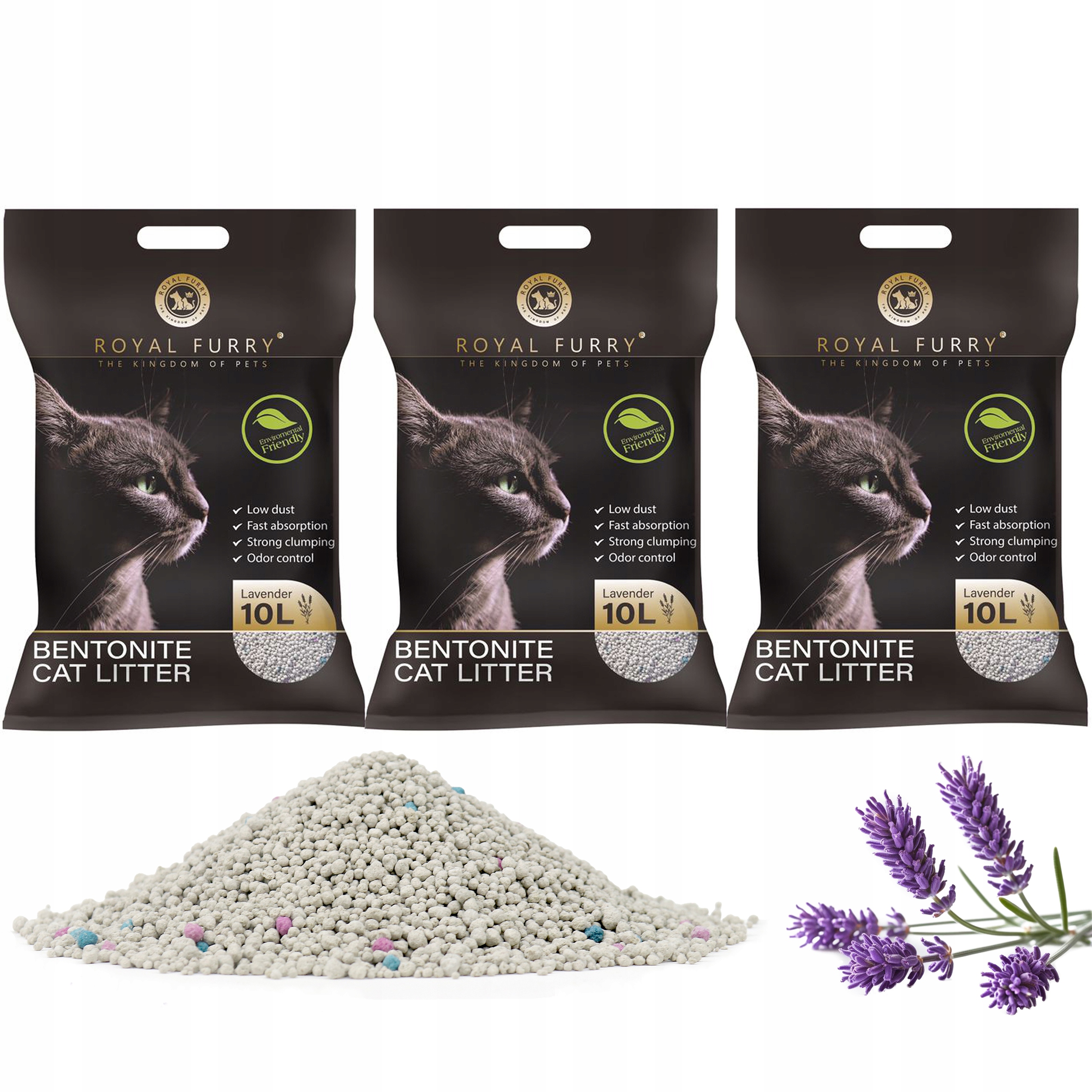Żwirek naturalny bentonitowy lawenda premium dla kota 30L Royal Furry 3x10L