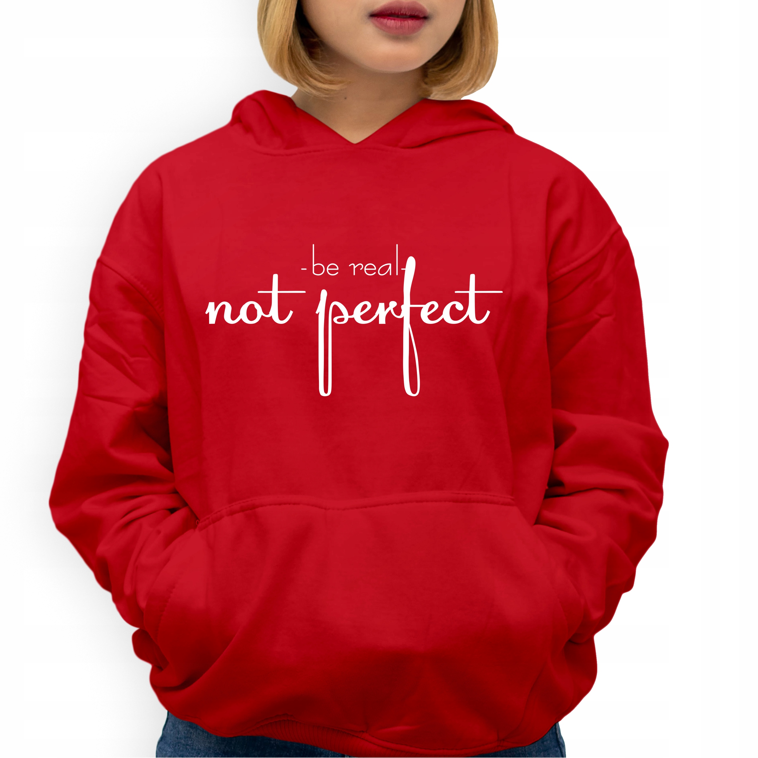 Mikina červená S Kapucí Be Real Not Perfect jako Dárek k Vel velikosti L