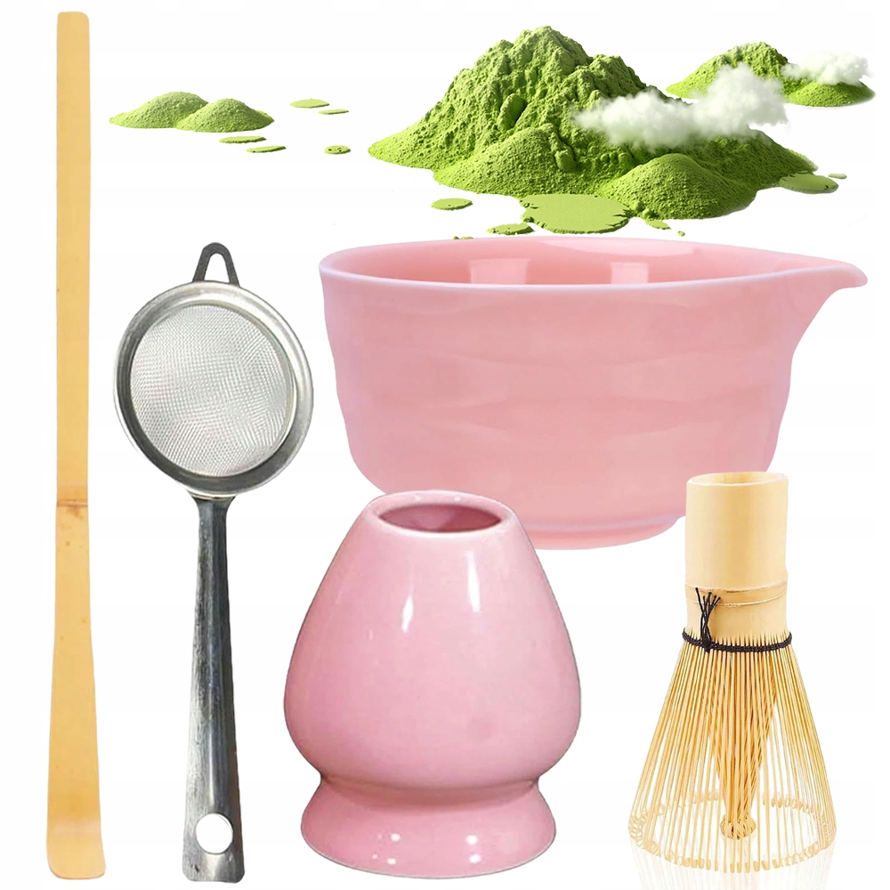 Levně Dárková Sada Na Čaj Matcha Šálek Metla Podstavec Lžička Růžová