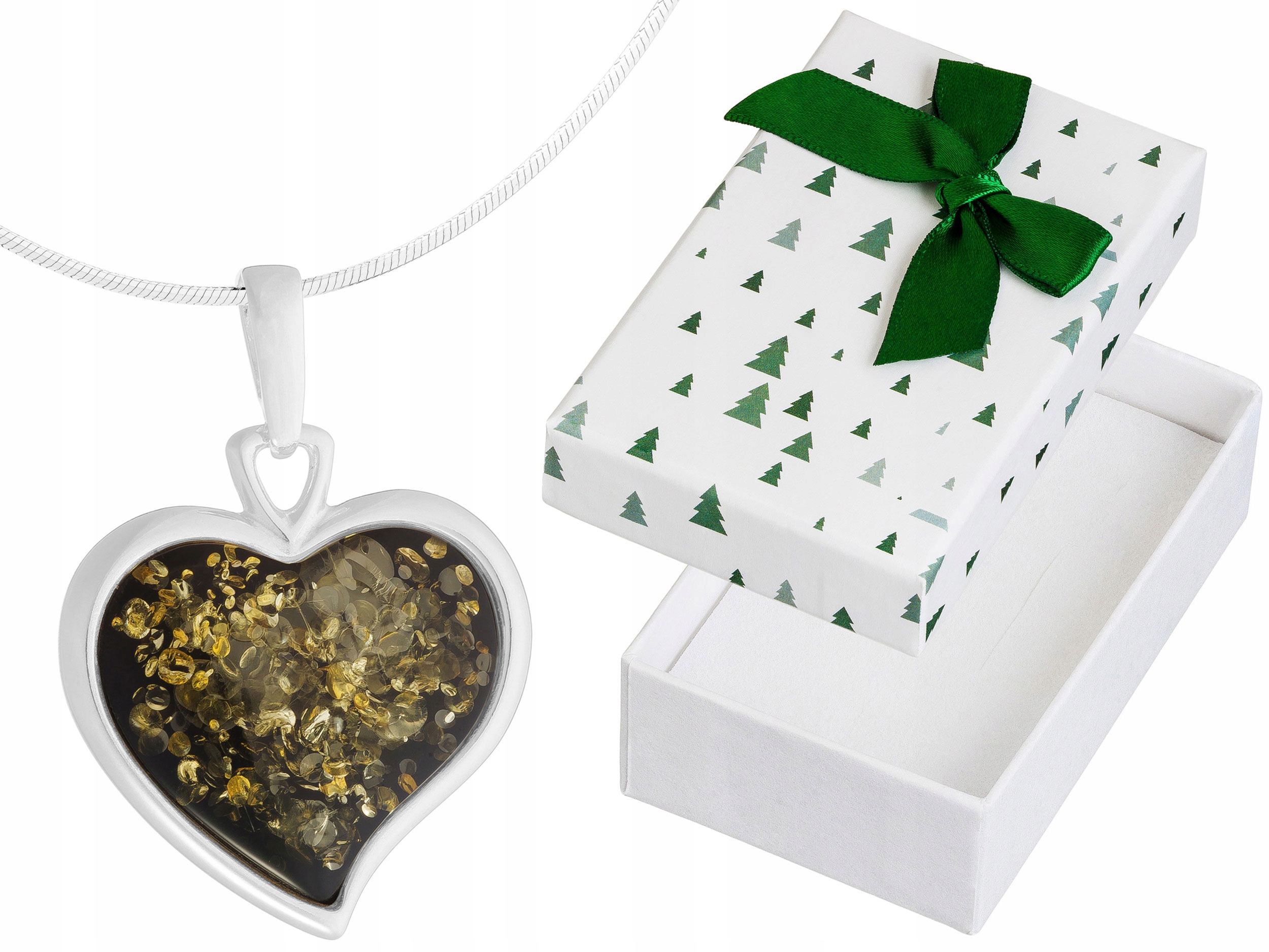 Dlouhý stříbrný dámský náhrdelník Velké srdce se zeleným jantarem Stříbro 80