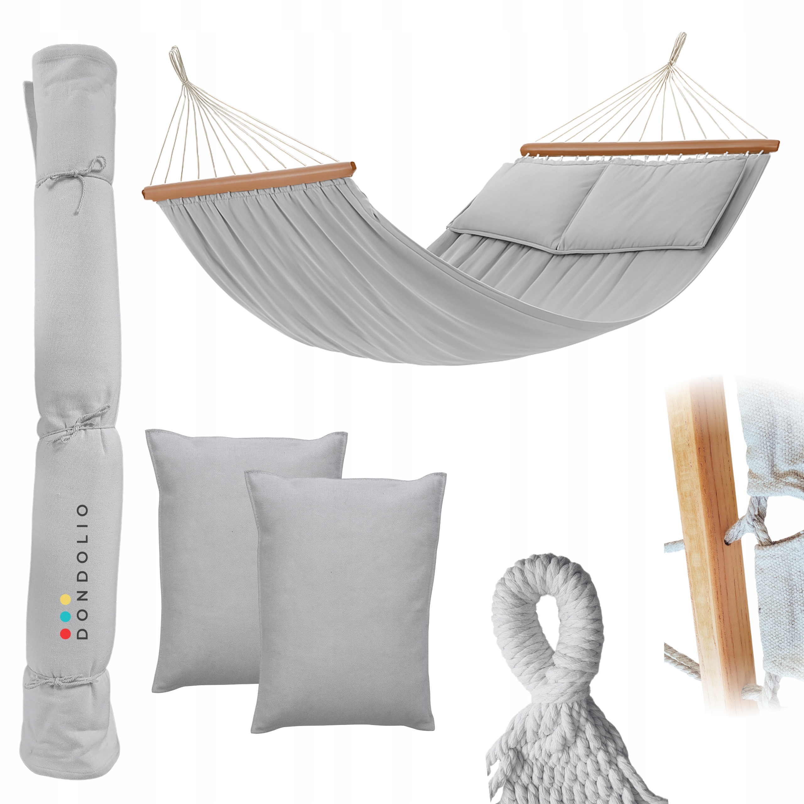 Hamak z drążkiem Ogrodowy Boho z poduszkami komfort dwuosobowy Szary