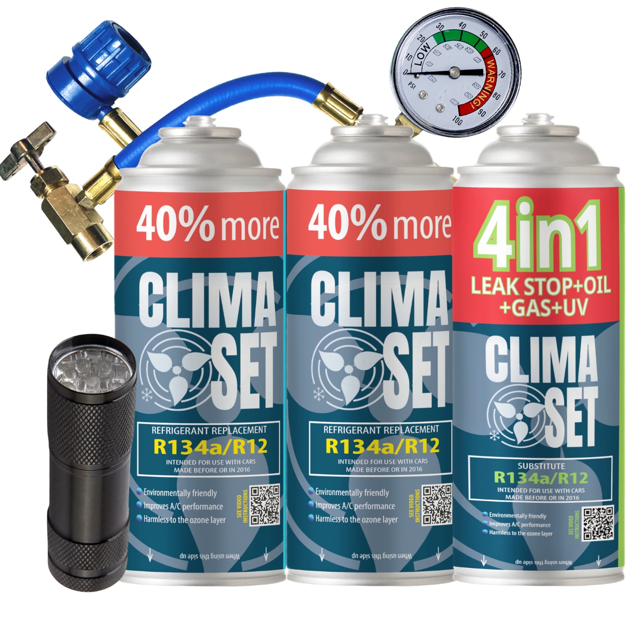 Gaz 4W1 R134a 235g Klimatizační Činidlo 2X R134a 470g Kabel Uv svítilna